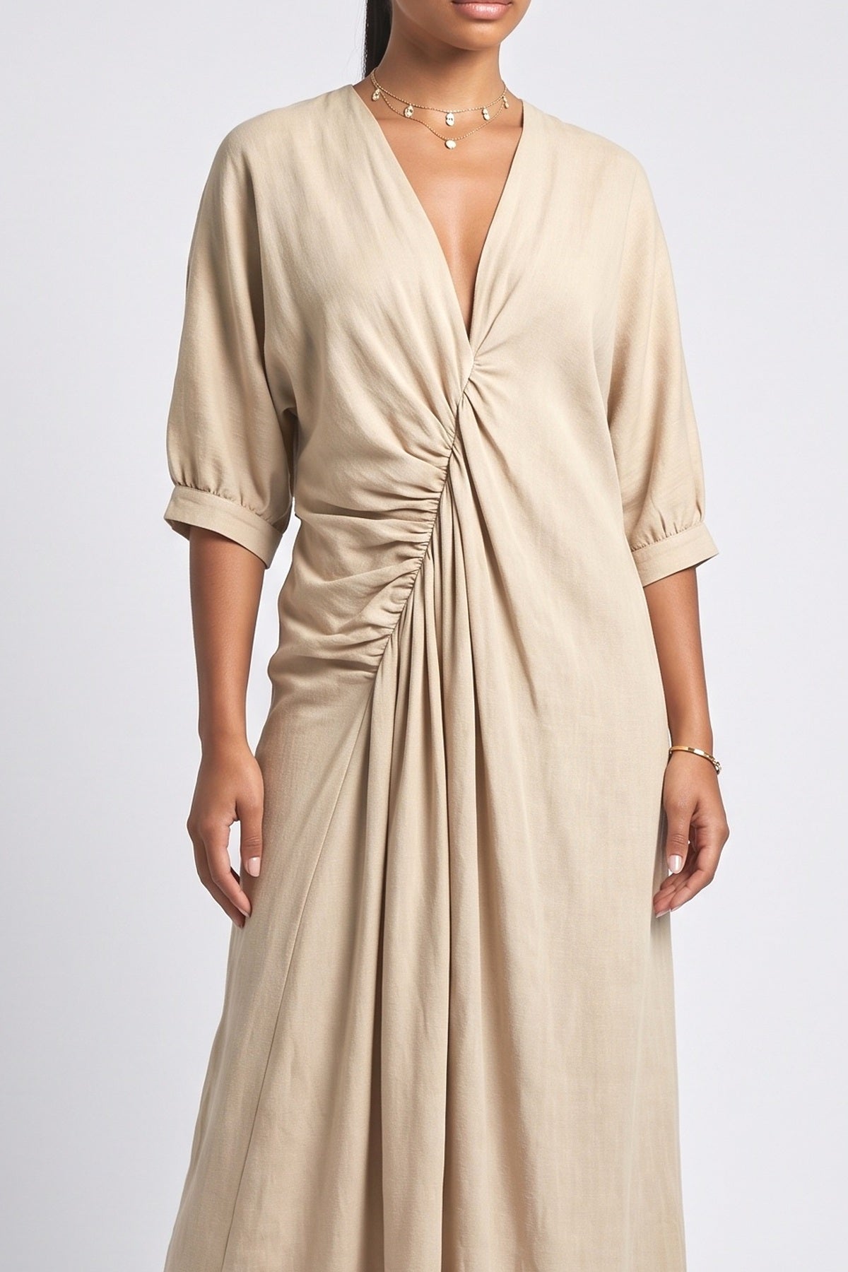 Beige V-Neck Pleated Maxi Dress, fabric detail