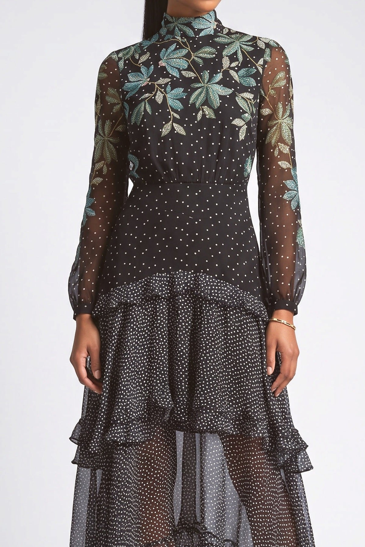 Black Floral Ruffle Midi Dress, fabric detail