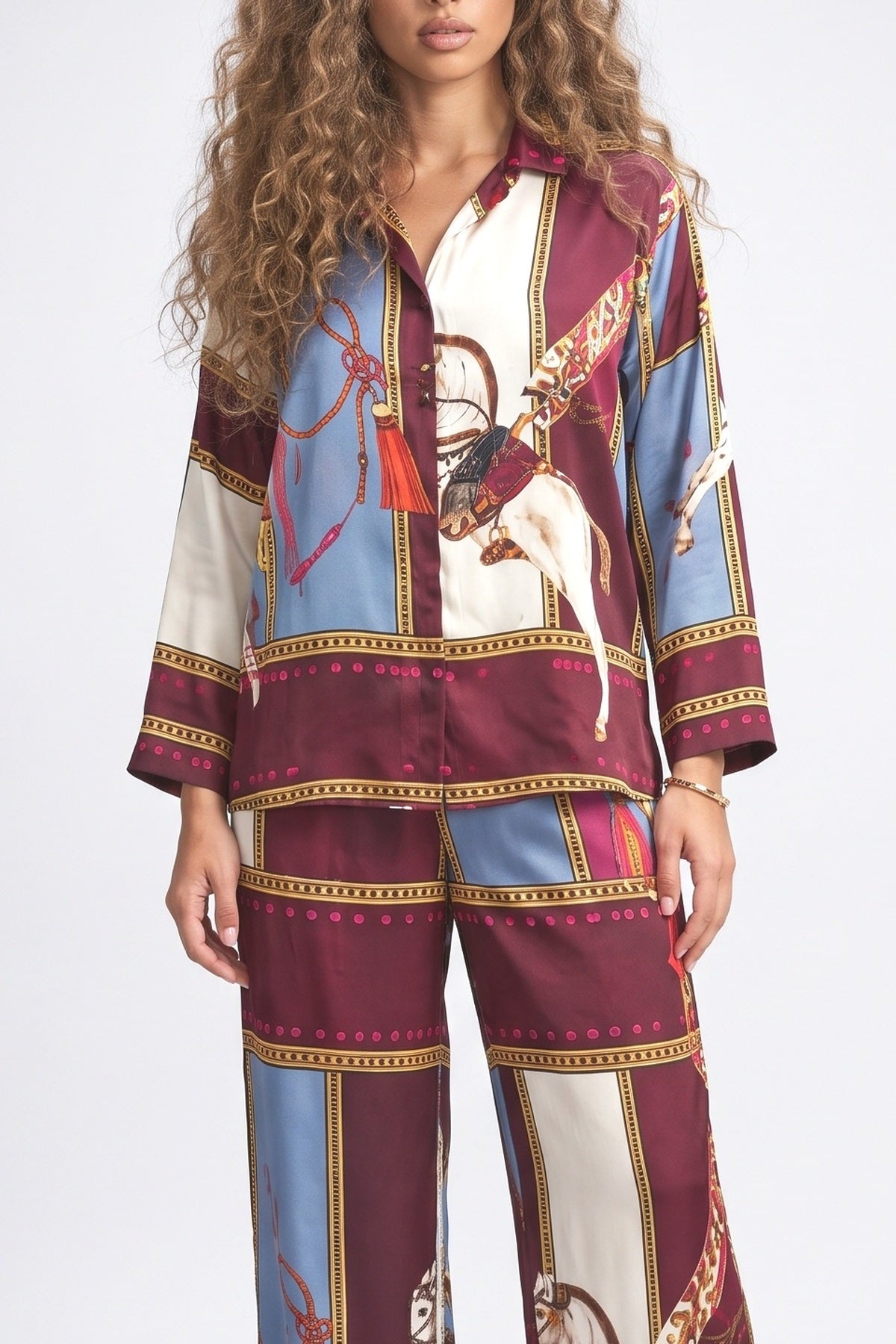 Equestrian Print Shirt & Wide-Leg Pants Two-Piece Set, fabric detail
