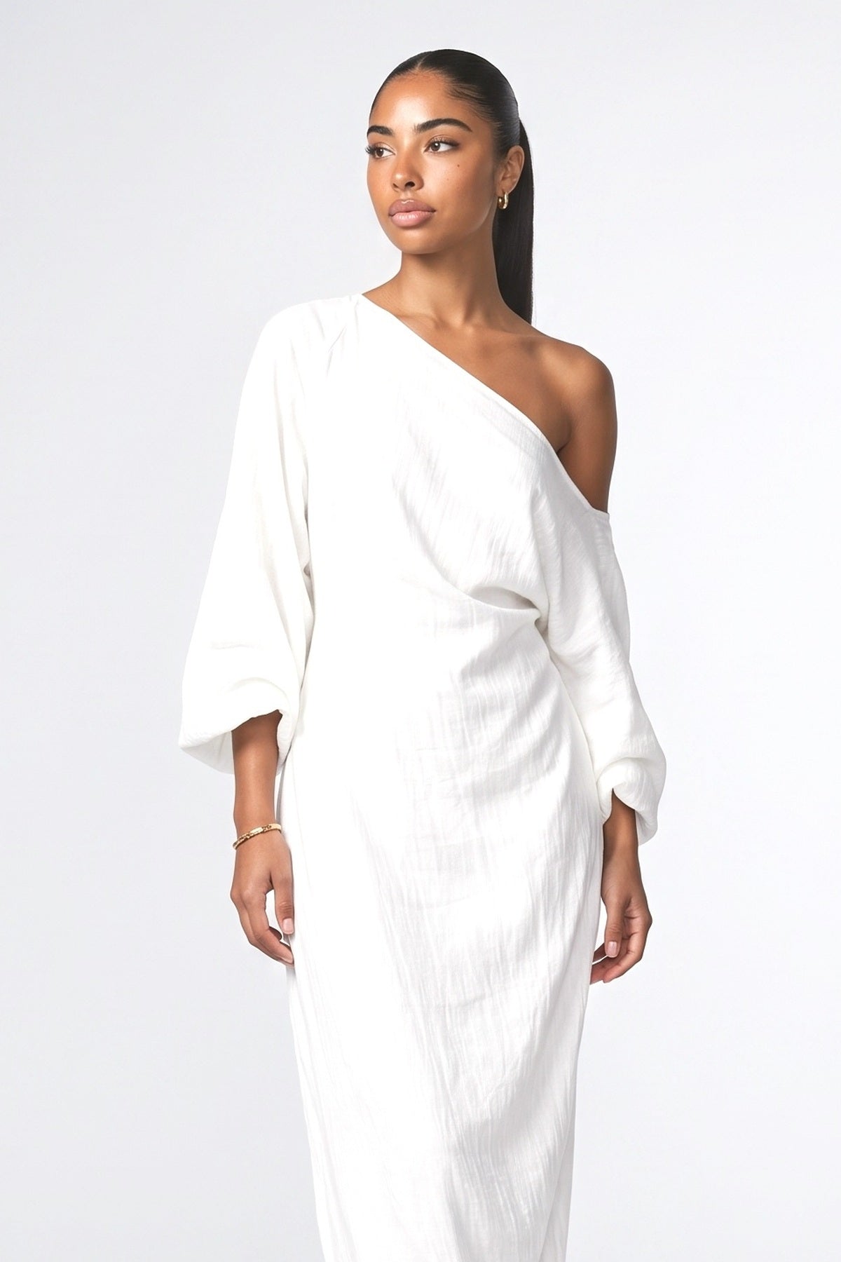 White One-Shoulder Draped Maxi Dress, fabric detail