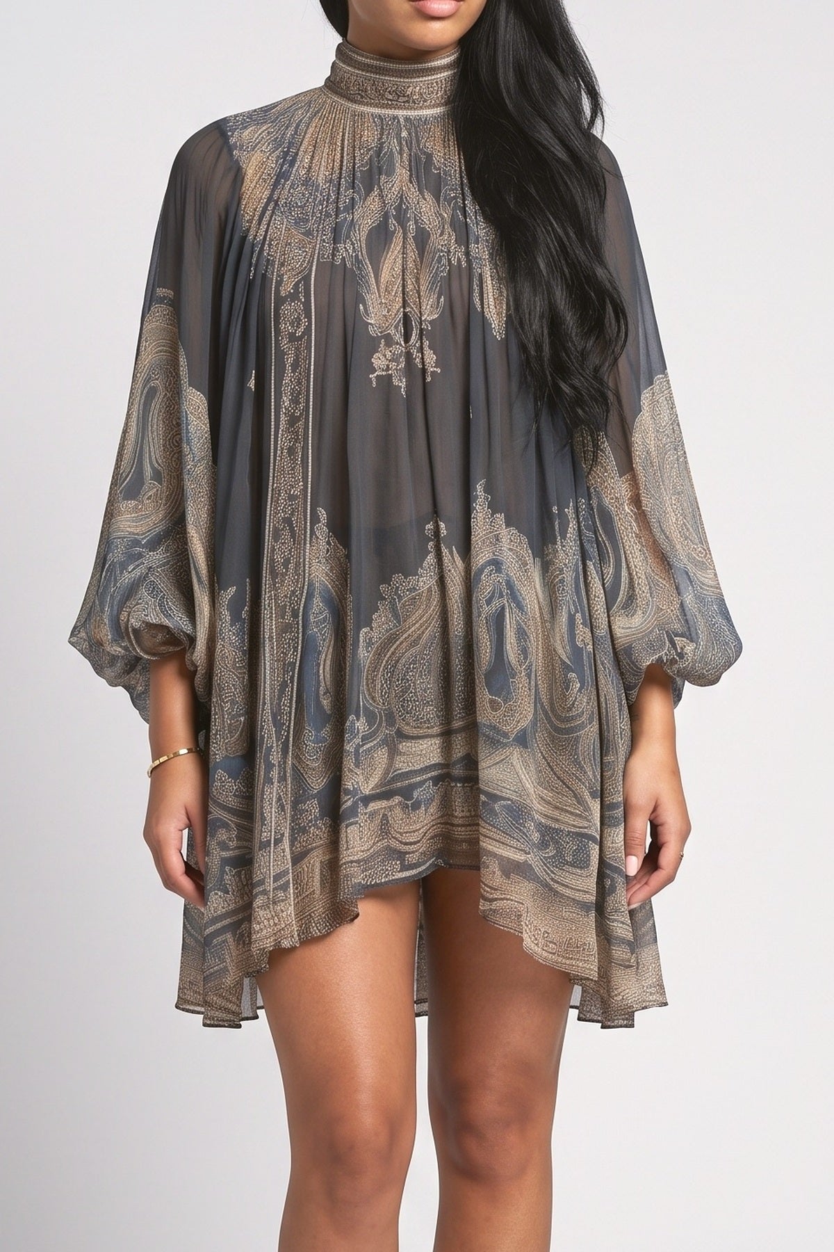 Blue High Neck Flowy Mini Dress, fabric detail