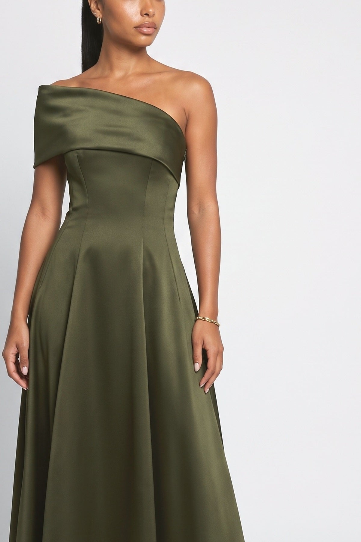 Satin One-Shoulder A-Line Maxi Dress, fabric detail