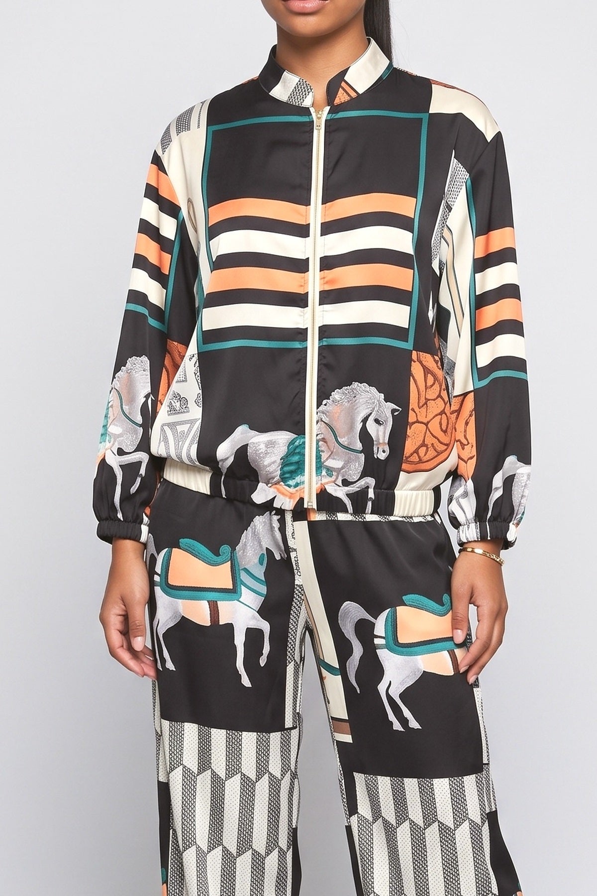 Artistic Print Zip-Up Shirt & Wide-Leg Pants Two-Piece Set, fabric detail