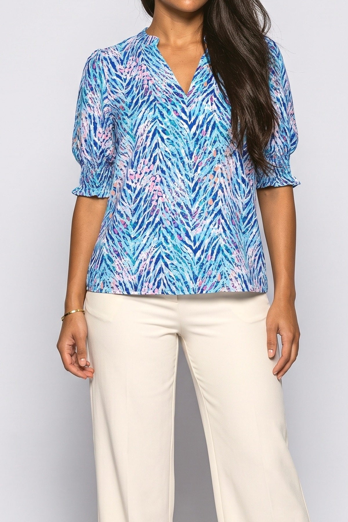V-Neck Floral Puff Sleeve Blouse, fabric detail