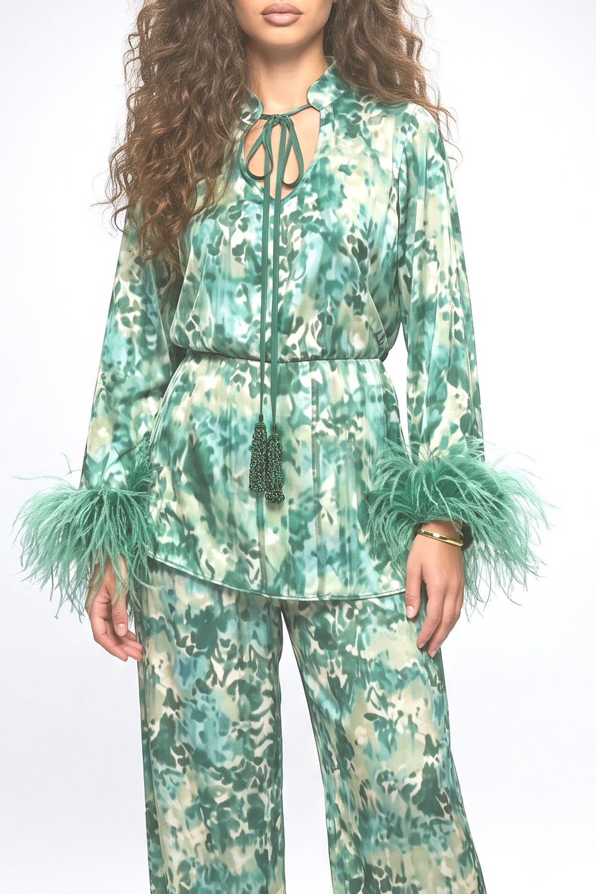 Green Feather Trim Outfit Set, fabric detail