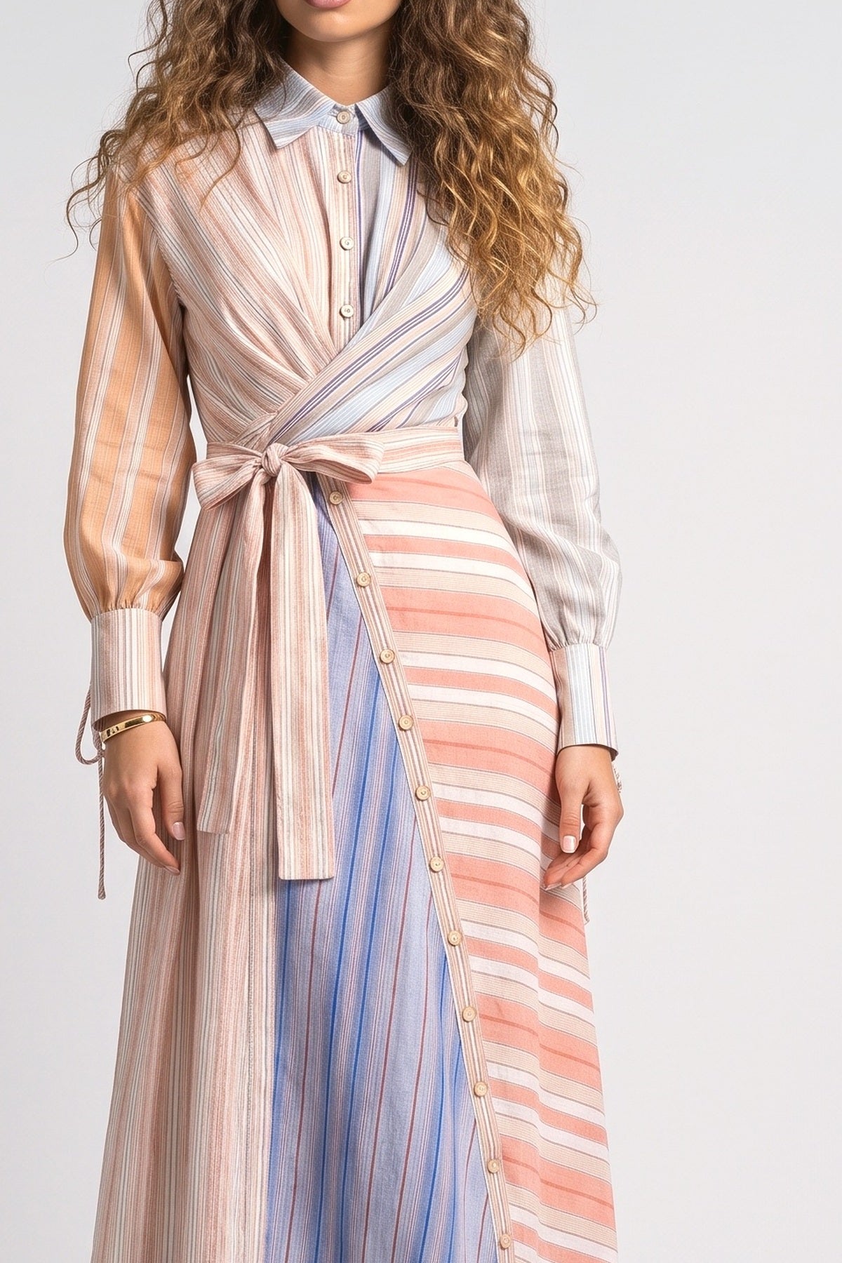 Multicolor Patchwork Stripe Print Long Sleeve Tie Maxi Shirt Dress, fabric detail