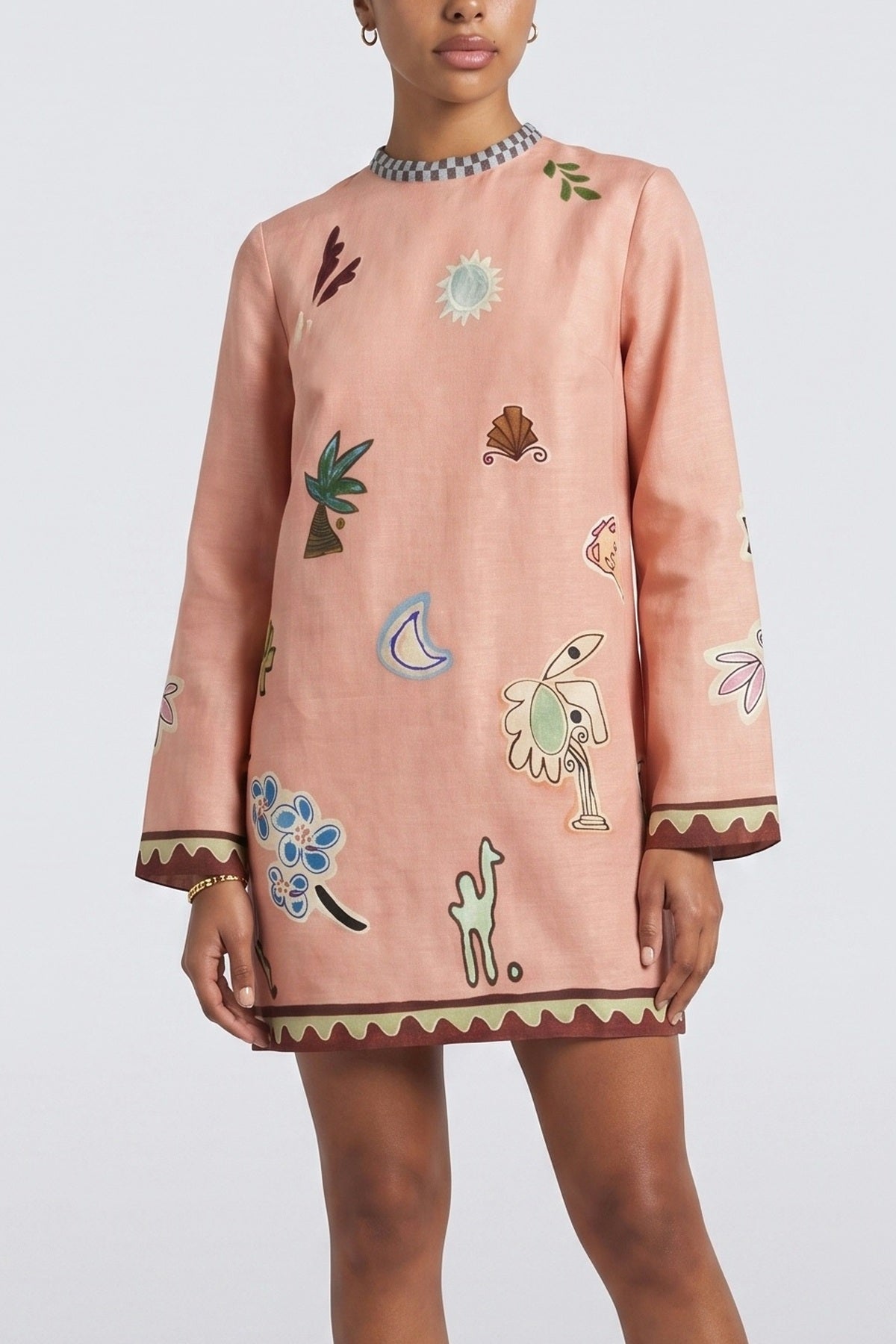 Pink Print Linen Mini Dress, fabric detail