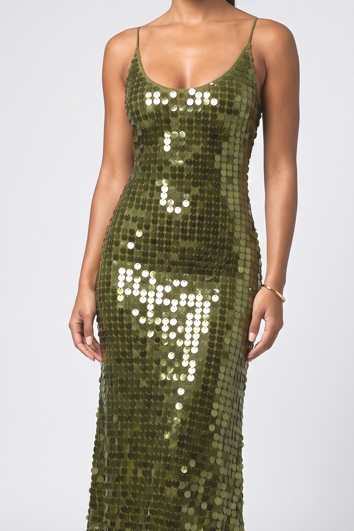Green Sequin Sleeveless Maxi Dress, fabric detail