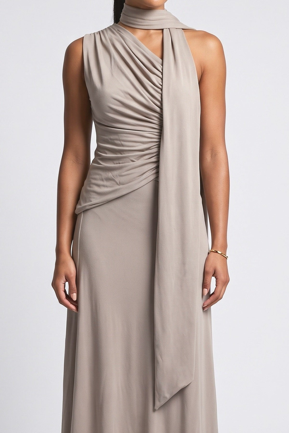 Brown One-Shoulder Ruched Maxi Dress, fabric detail