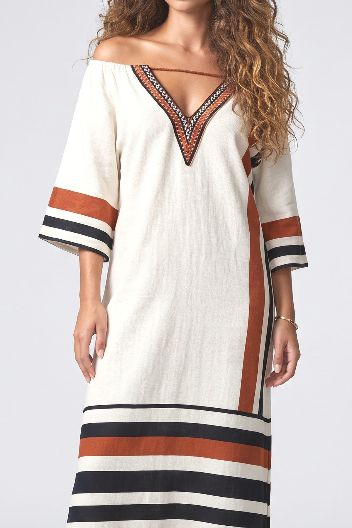 Orange Striped Off-Shoulder Maxi Dress, fabric detail