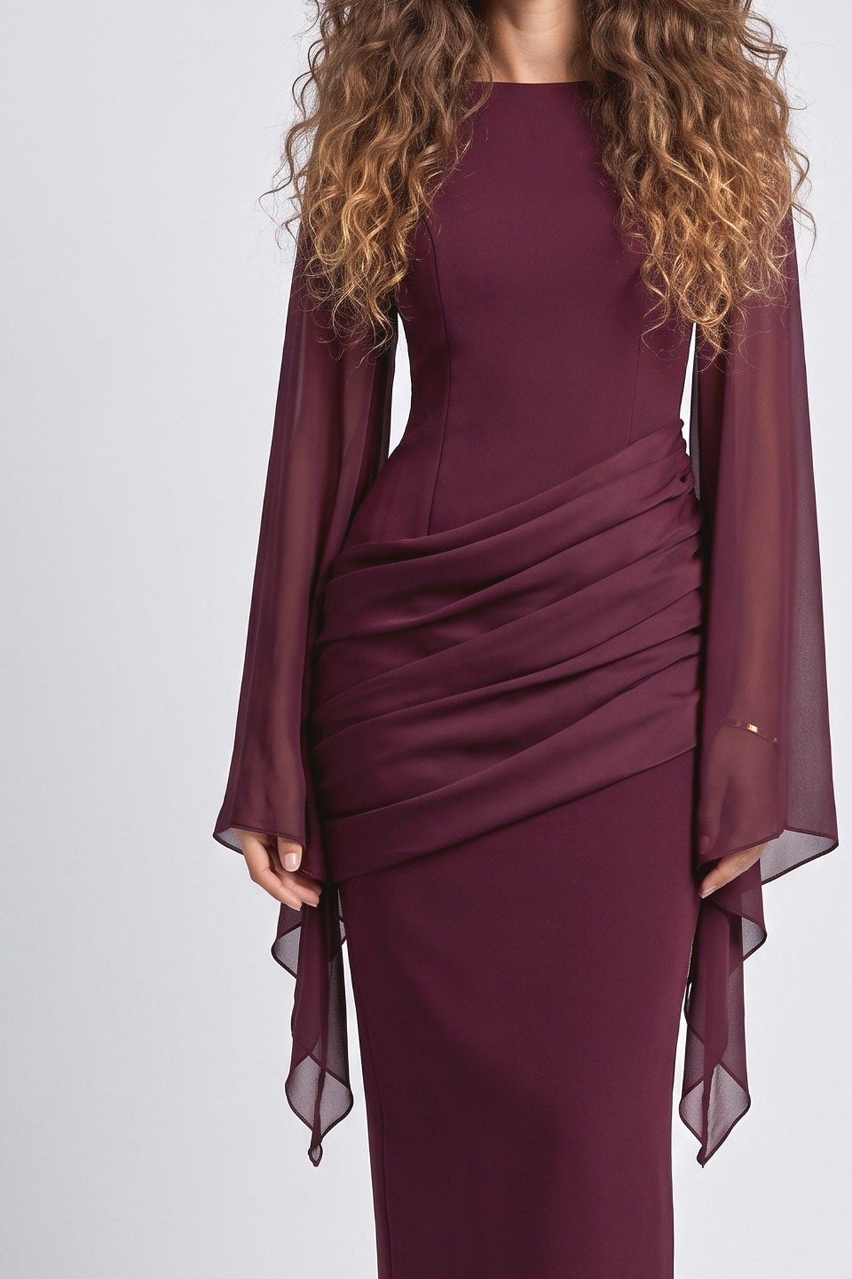 Burgundy Long Sleeve Pleated Maxi Dress, fabric detail