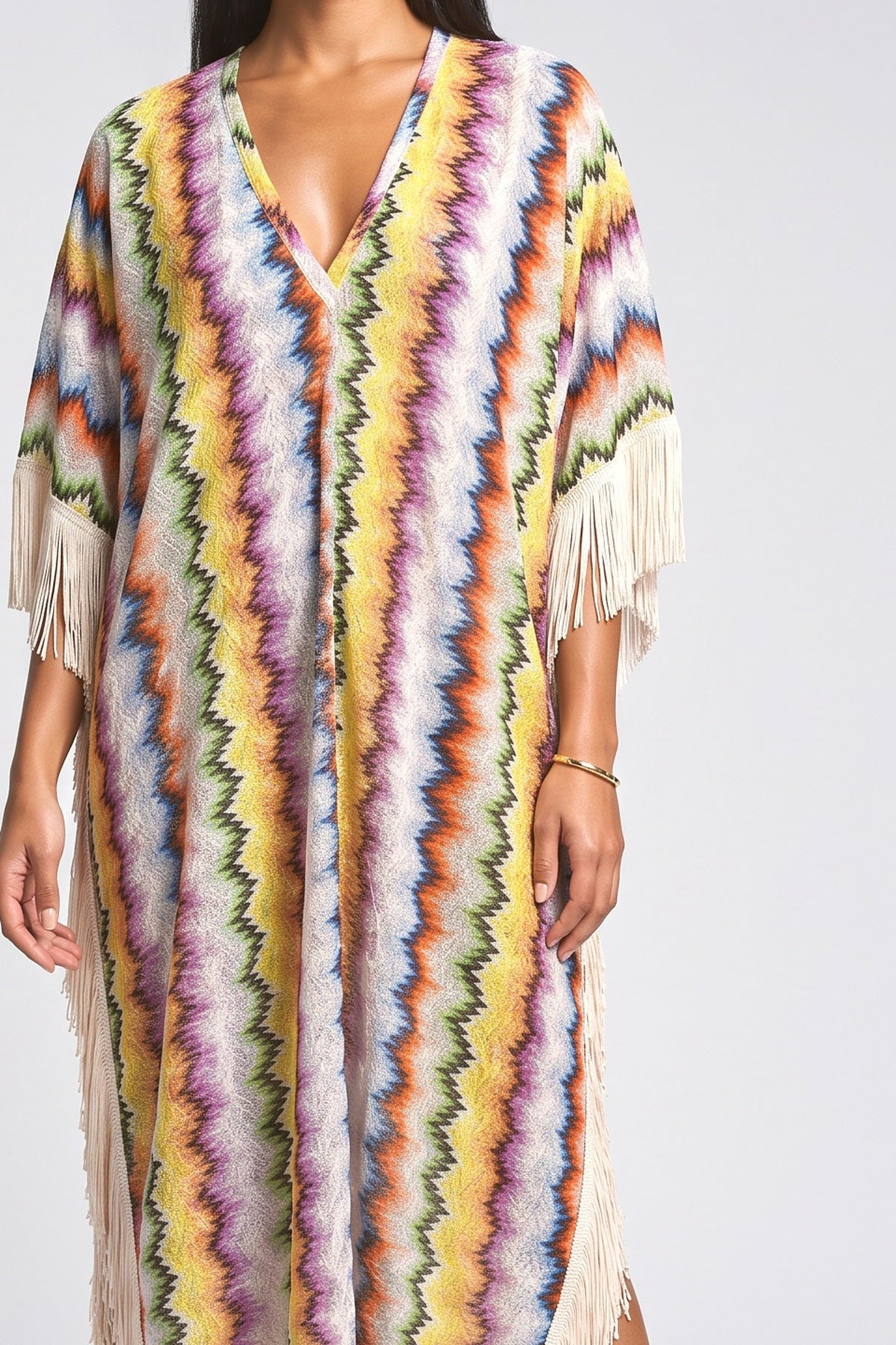Multicolor Fringe Maxi Dress, fabric detail