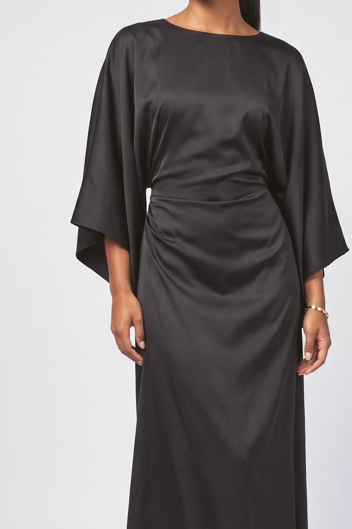 Black Satin Batwing Sleeve Pleated Maxi Dress, fabric detail
