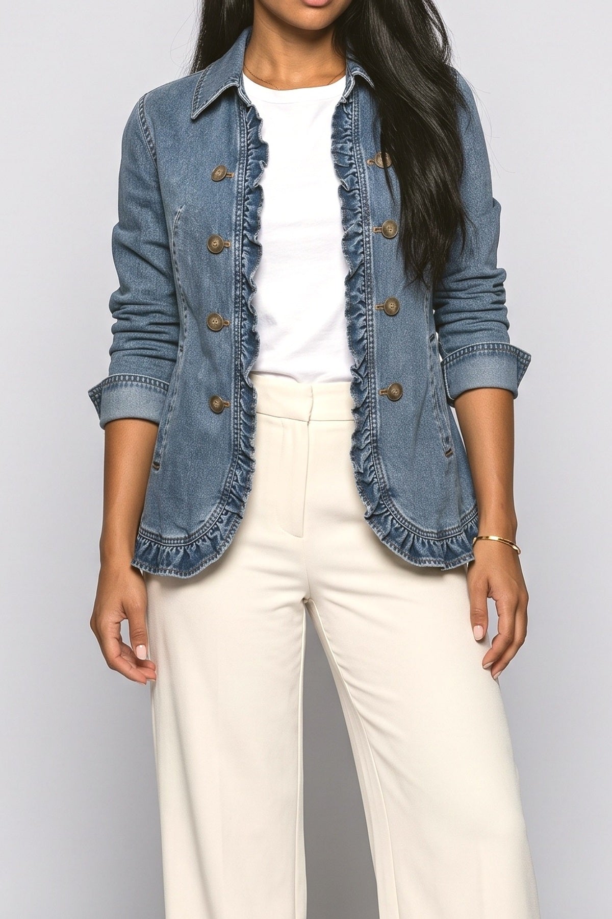 Blue Ruffle Denim Jacket, fabric detail
