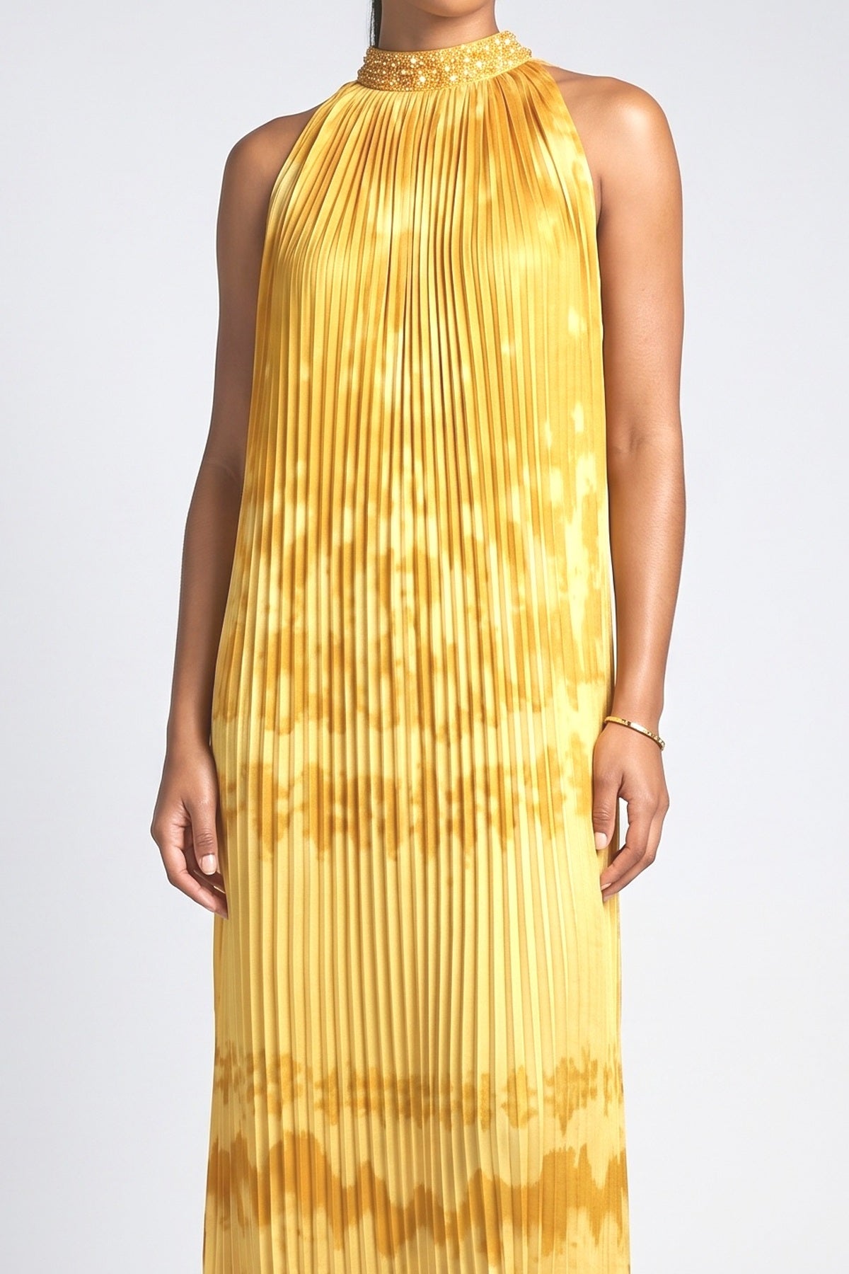 Yellow Abstract Pleated Maxi Dress, fabric detail