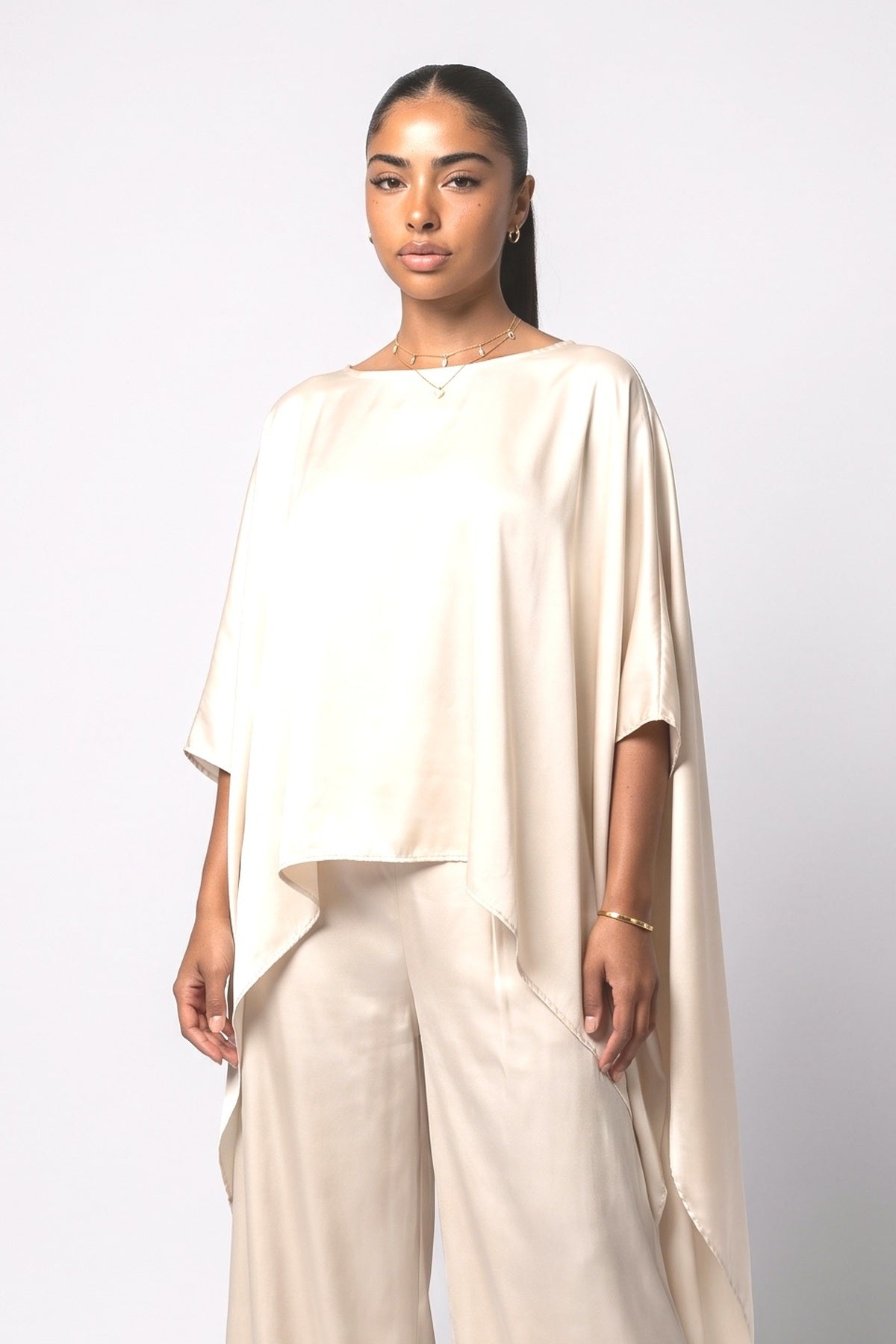 Beige Satin Cape Outfit Set, fabric detail