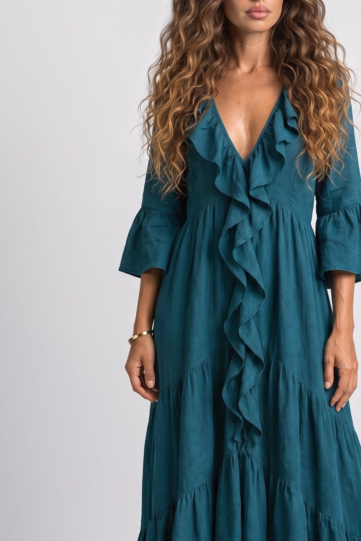 V-Neck Bell Sleeve Ruffle Maxi Dress, fabric detail