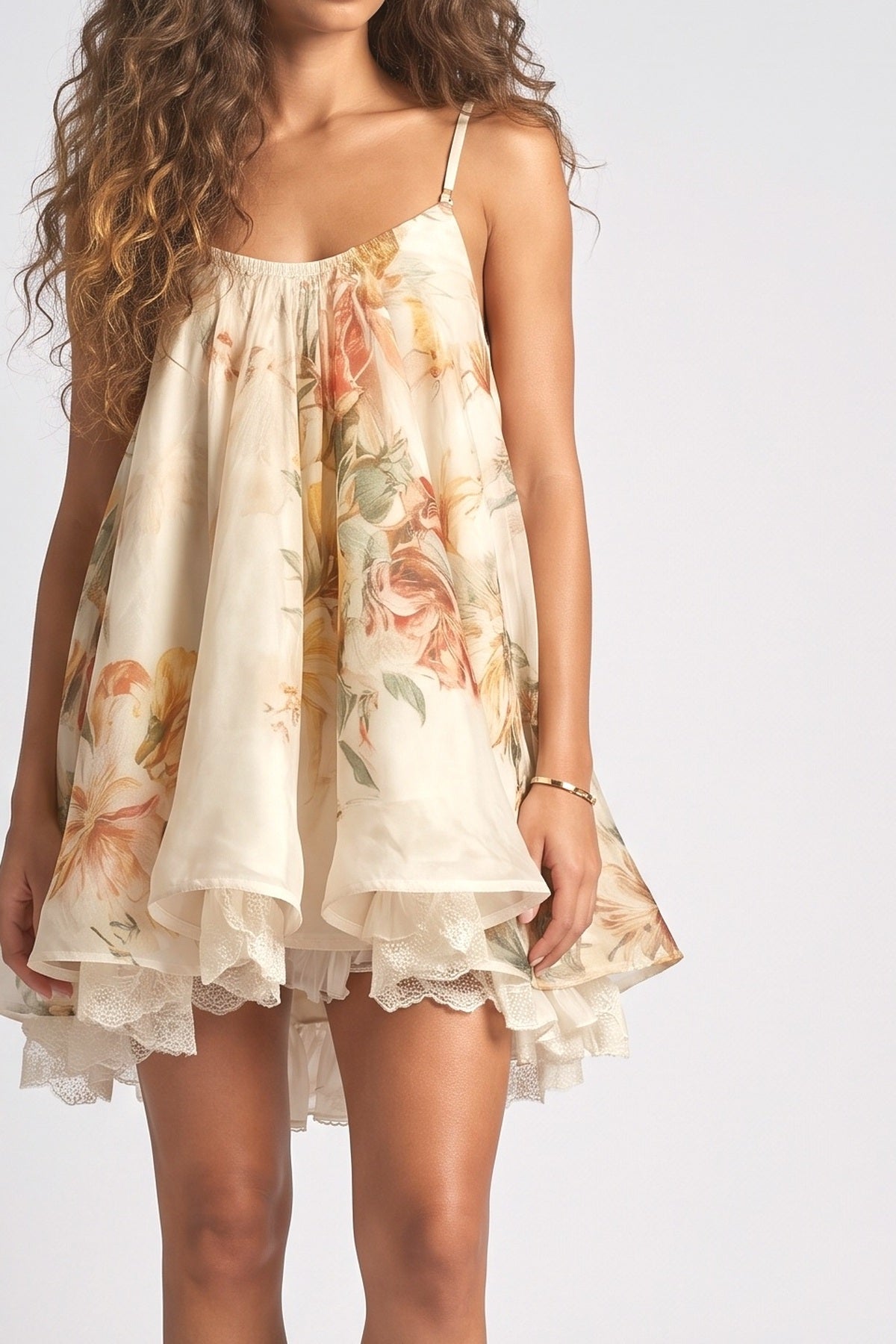 Beige Floral Lace Mini Dress, fabric detail