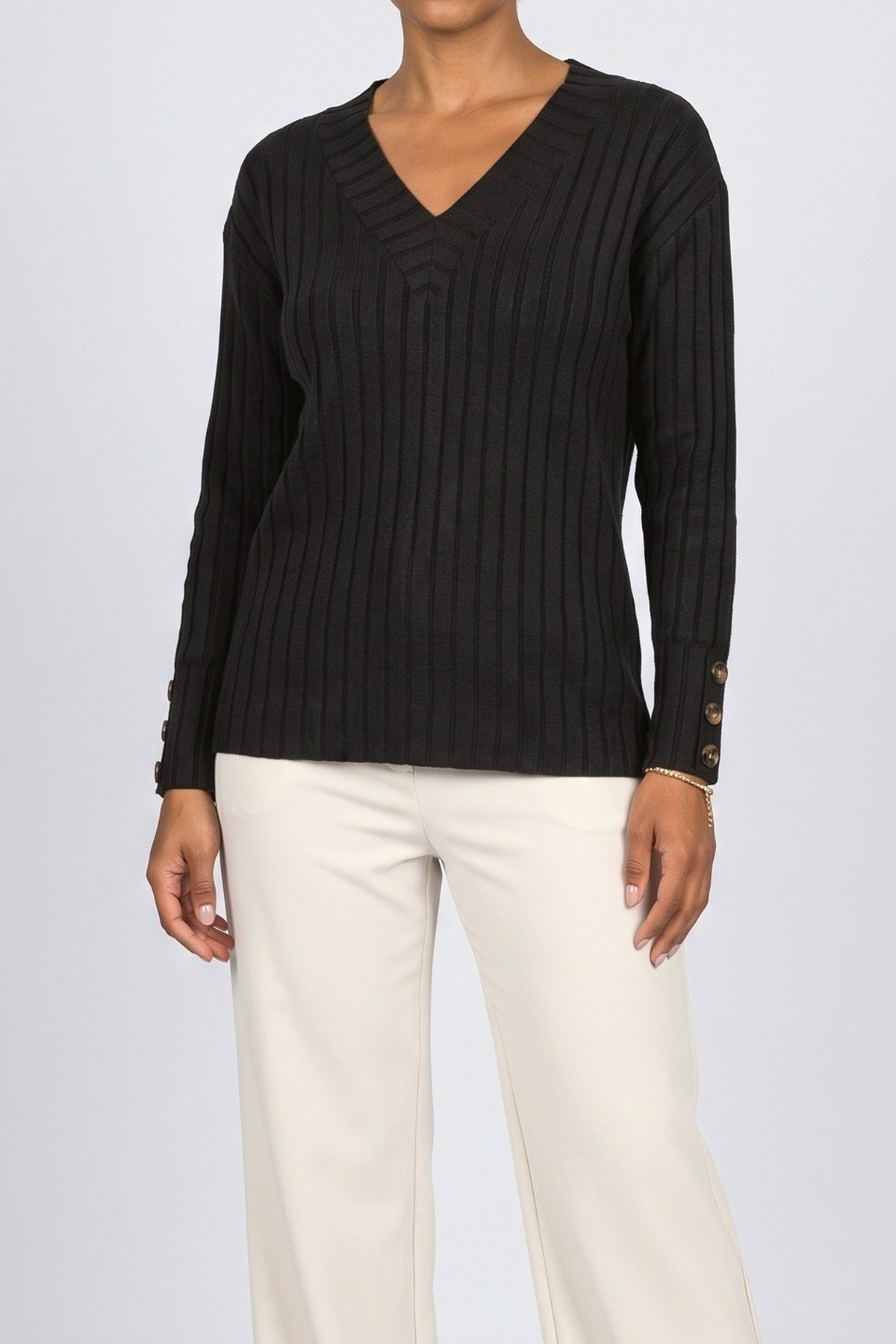 Ribbed V-Neck Pullover Sweater, fabric detail