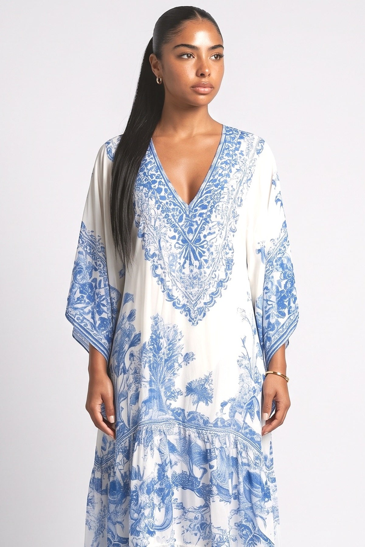White V-Neck Maxi Dress, fabric detail