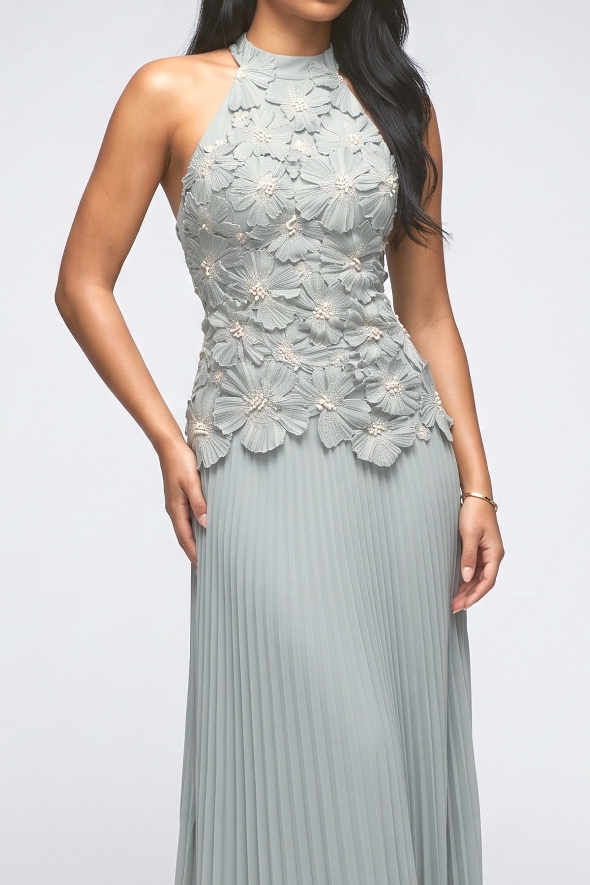 Floral Halter Neck Ruched Maxi Dress, fabric detail