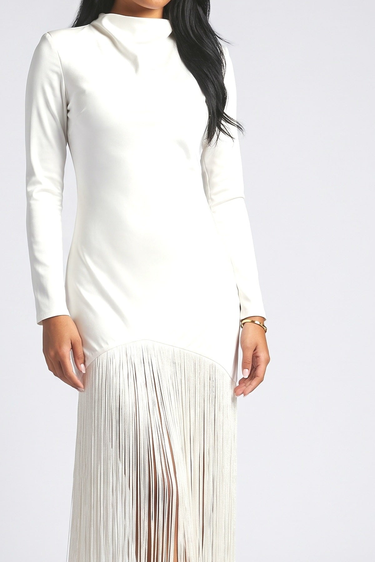 White Fringe Maxi Dress, fabric detail
