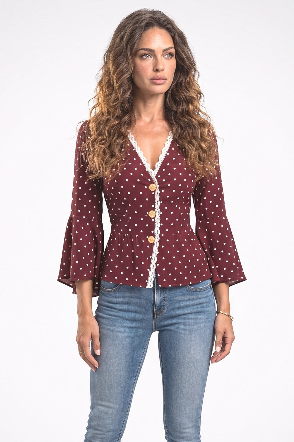 Lace V-Neck Polka Dot Blouse, fabric detail