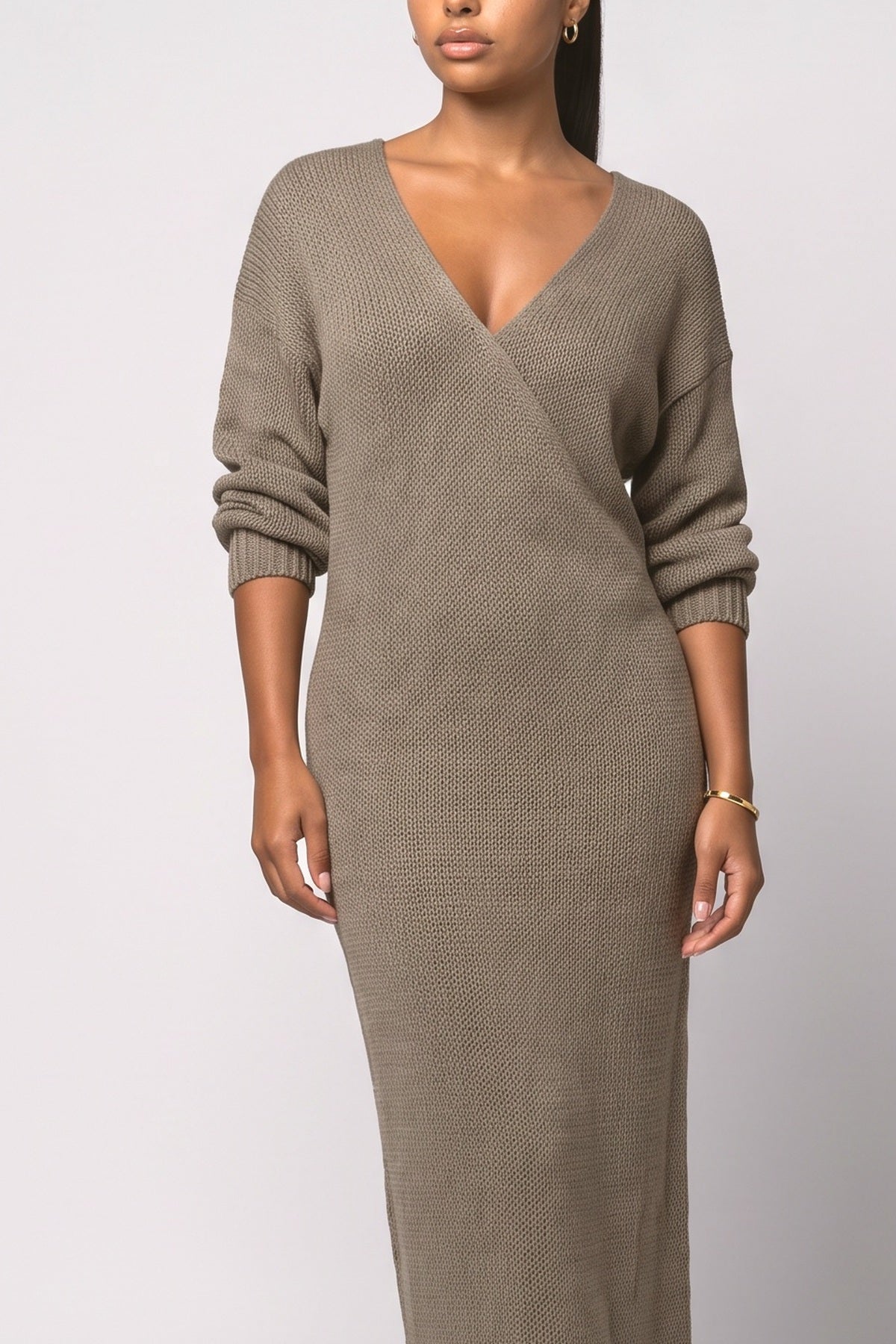 Pink Knit V-Neck Maxi Dress, fabric detail