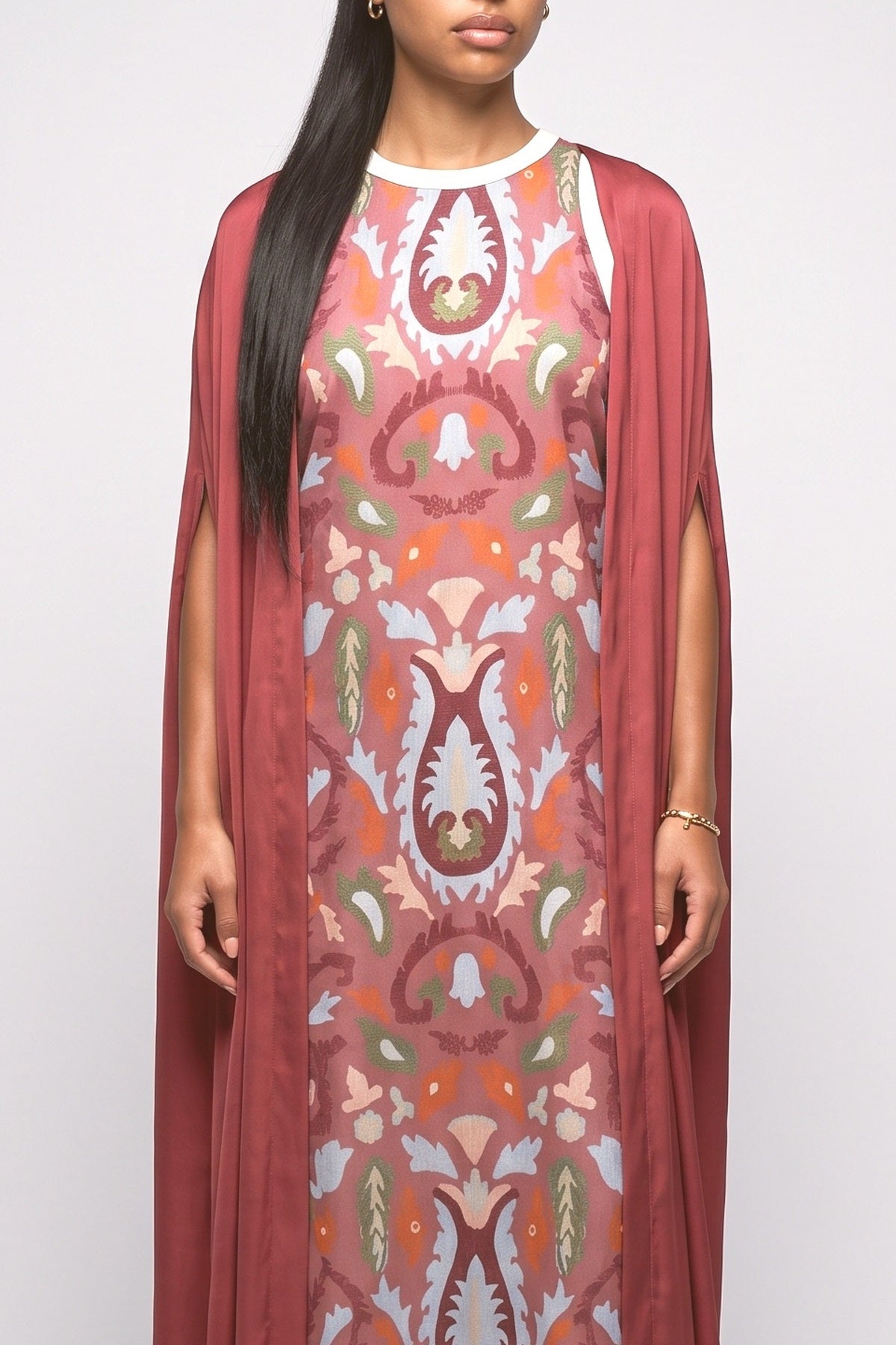 Burgundy Print Cape Outfit Set, fabric detail