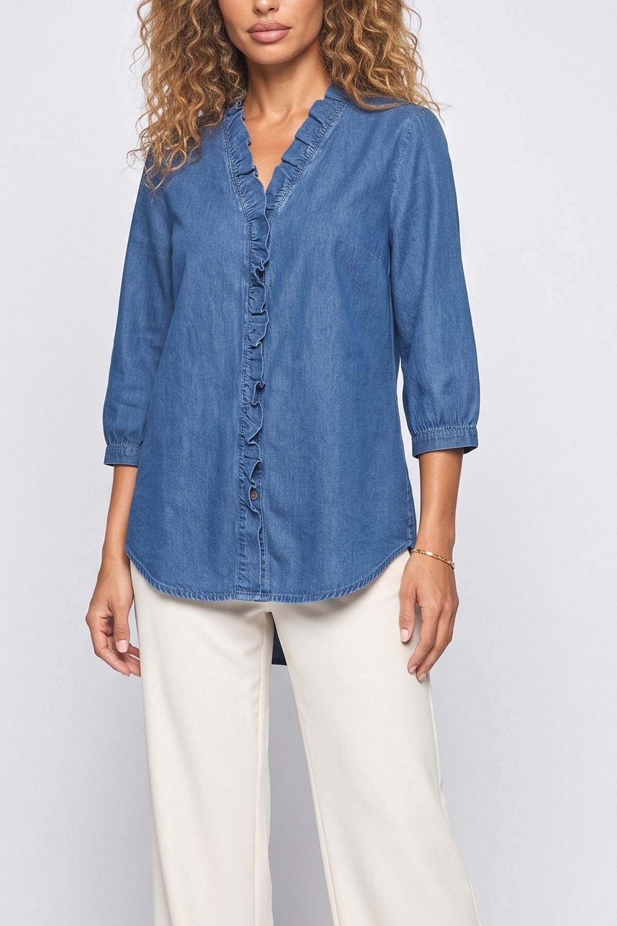 Denim V-Neck Ruffle Blouse, fabric detail
