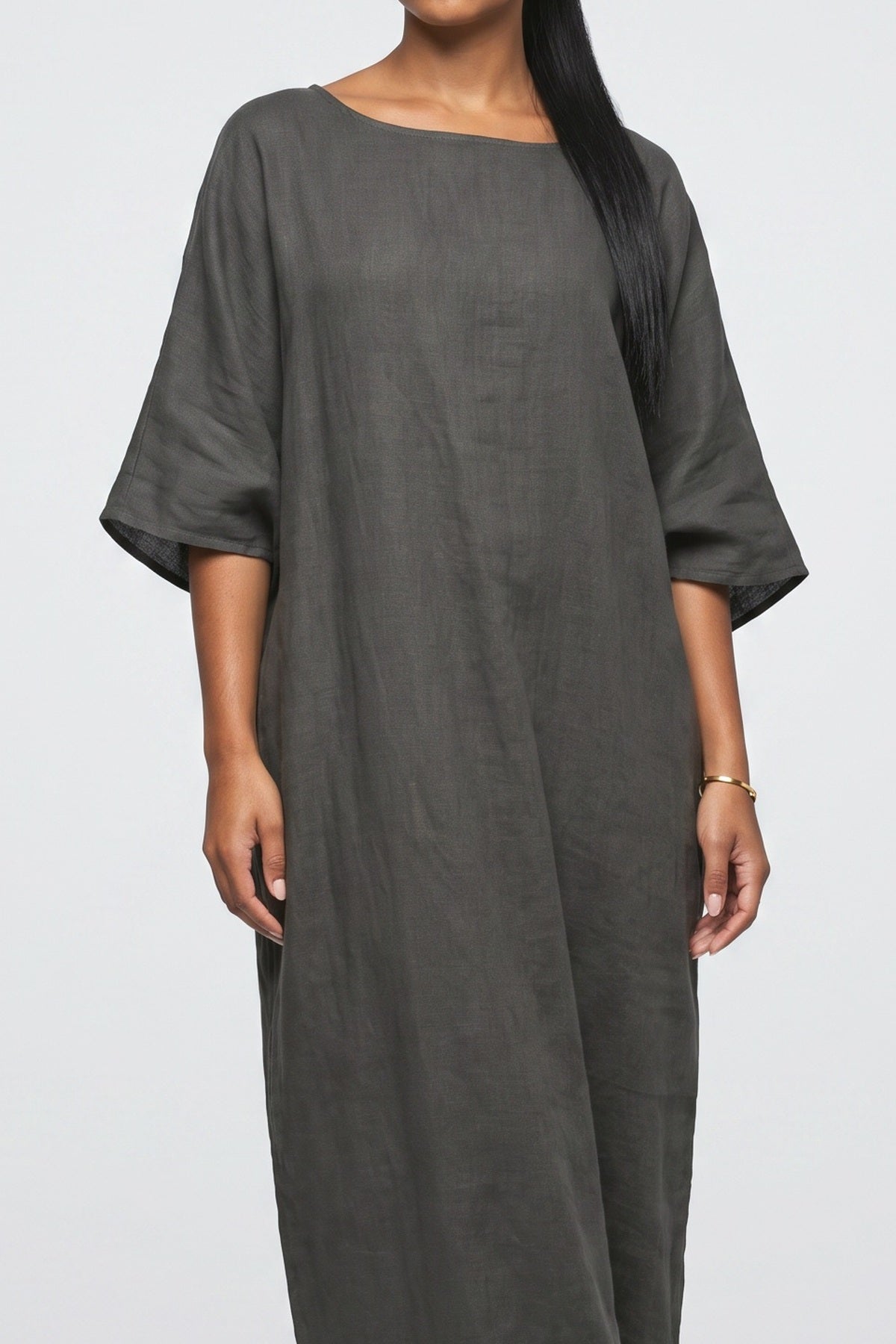Gray Linen Batwing Sleeve Relaxed Maxi Dress, fabric detail