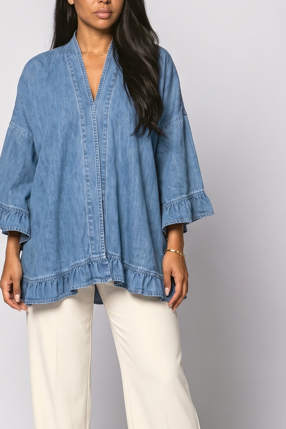 Blue Denim Ruffle Knit Cardigan, fabric detail