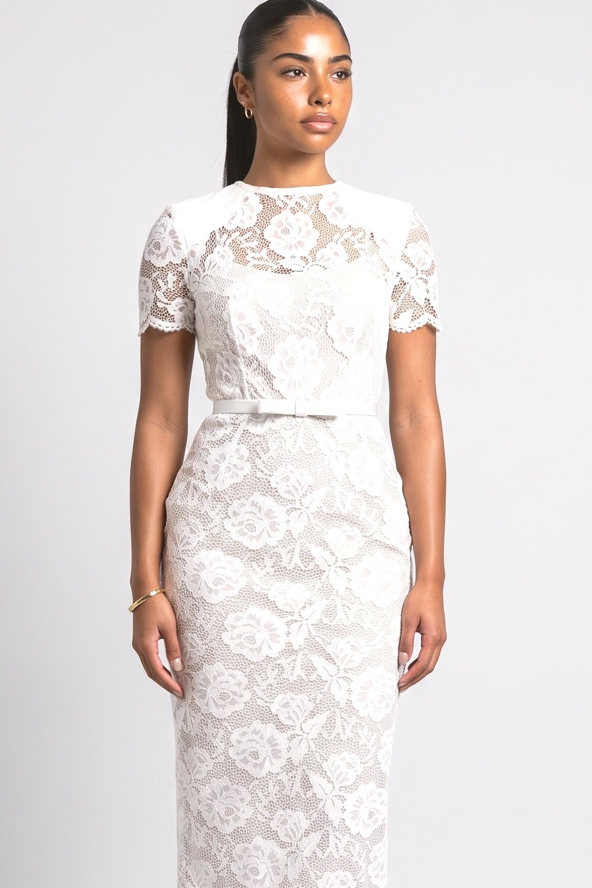 White Floral Lace Midi Dress, fabric detail