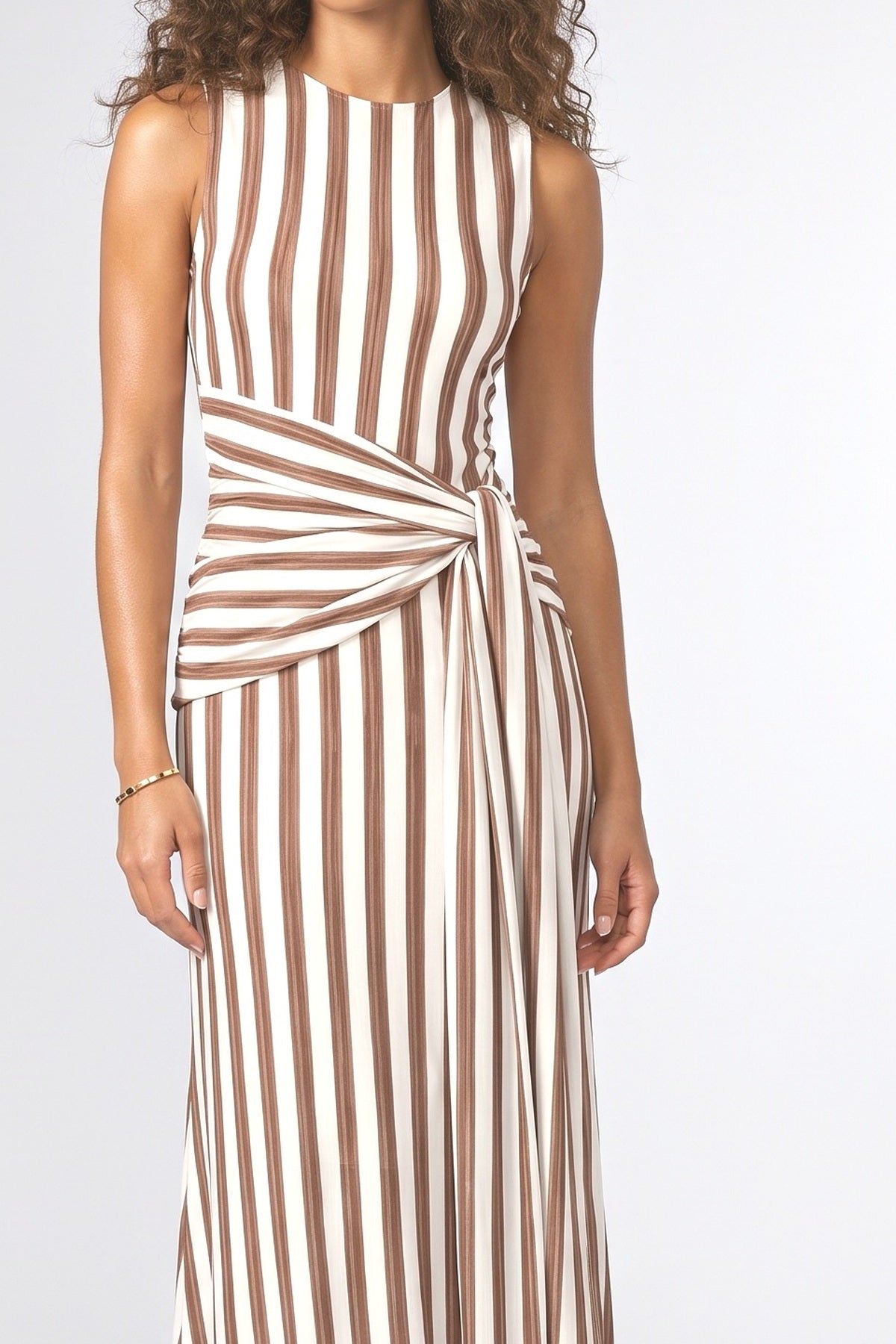 Brown Striped Sleeveless Maxi Dress, fabric detail