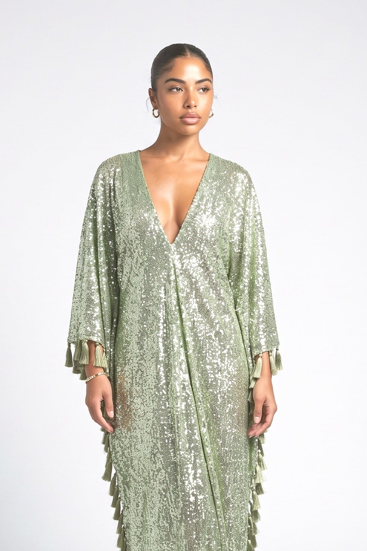 Green Sequin V-Neck Fringe Maxi Dress, fabric detail