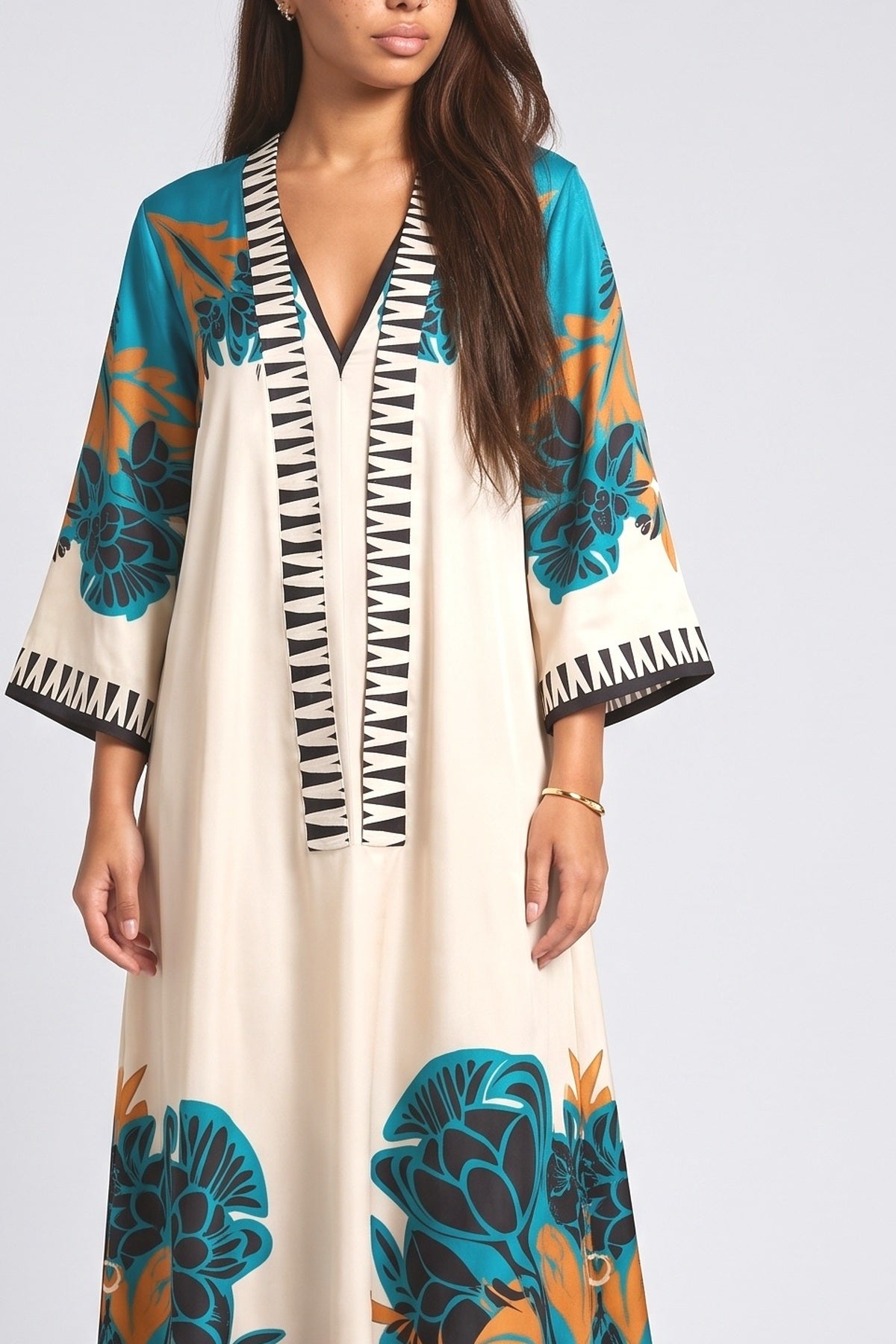 Beige Floral Satin Maxi Dress, fabric detail