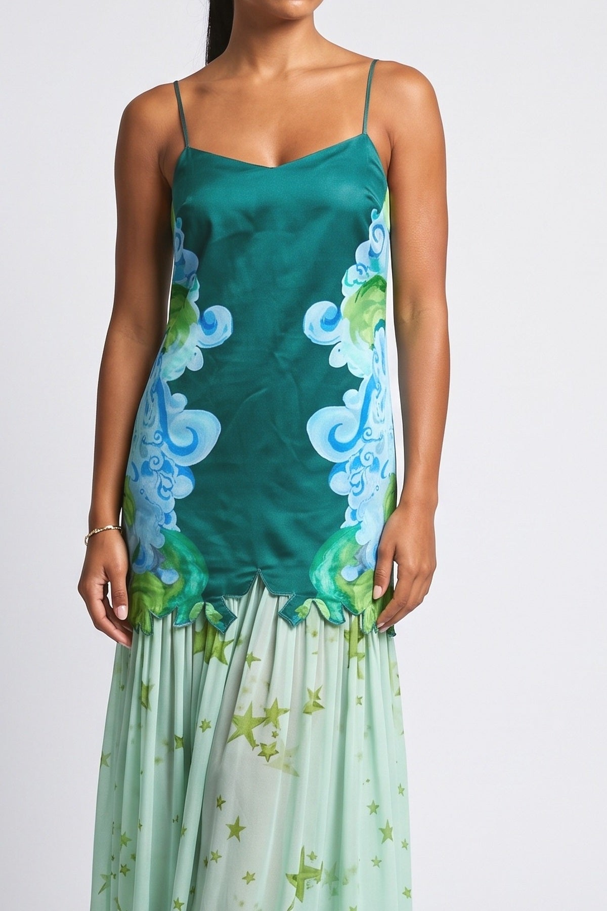Green Floral Pleated Maxi Dress, fabric detail