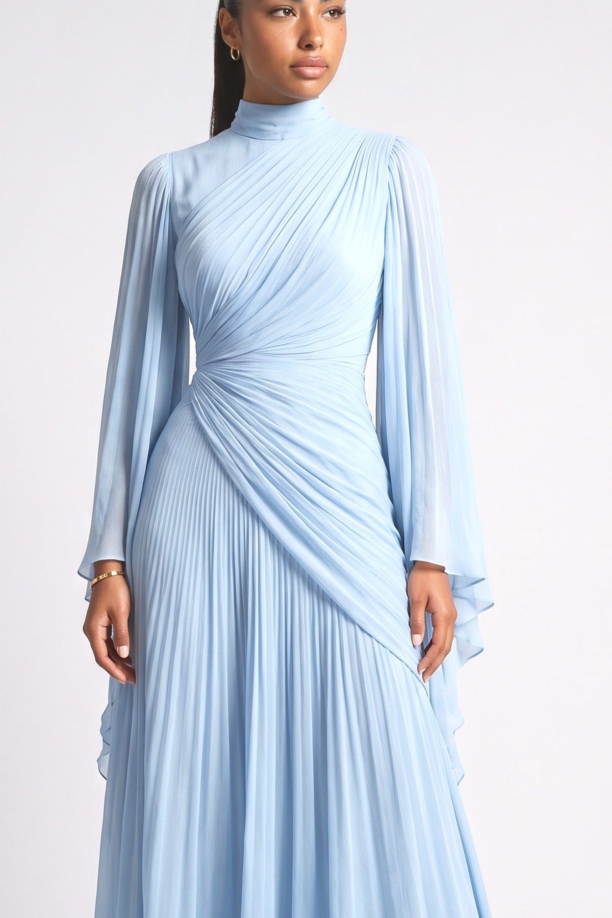 Chiffon High Neck Pleated Maxi Dress, fabric detail