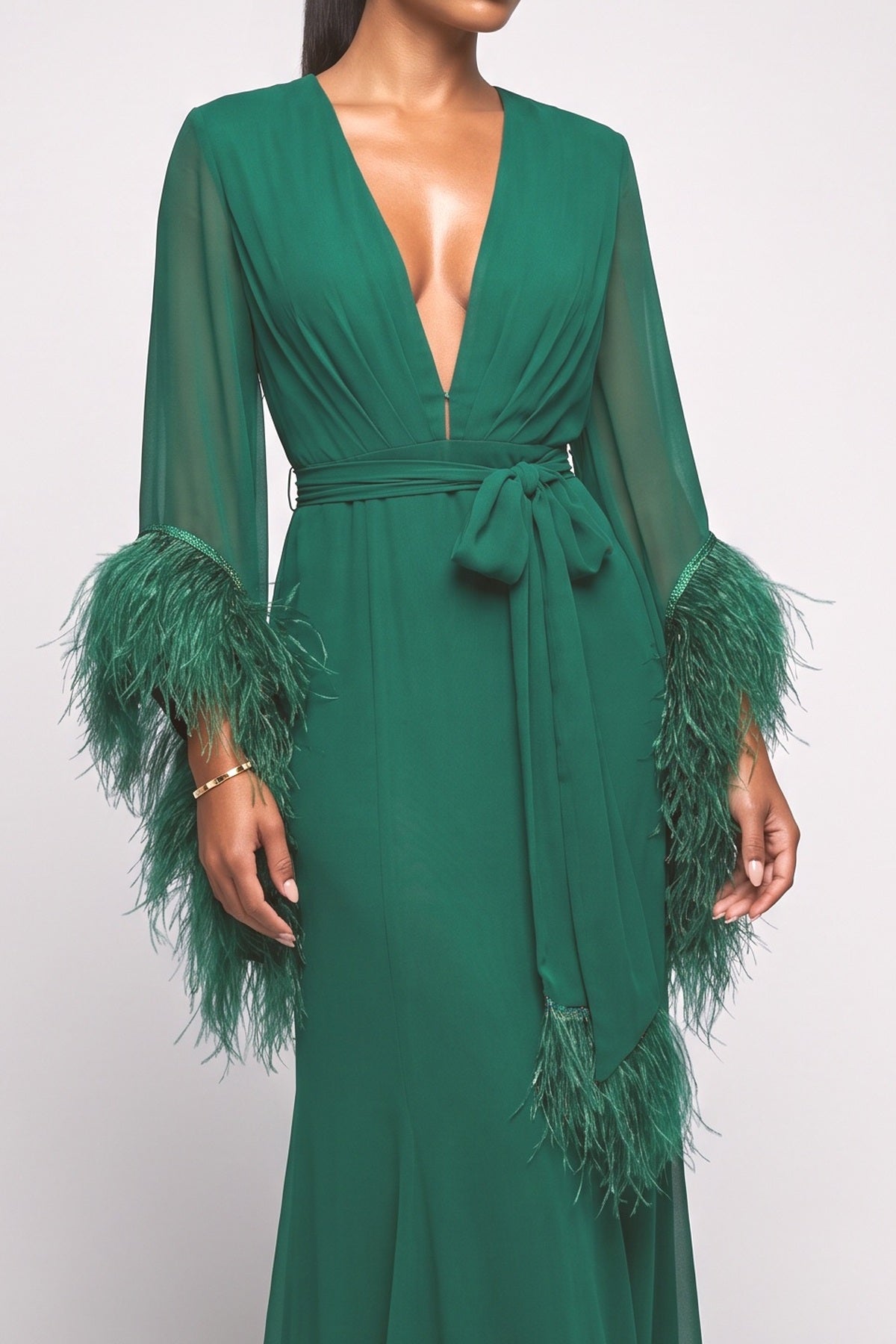 Green Chiffon V-Neck Feather Trim Maxi Dress, fabric detail