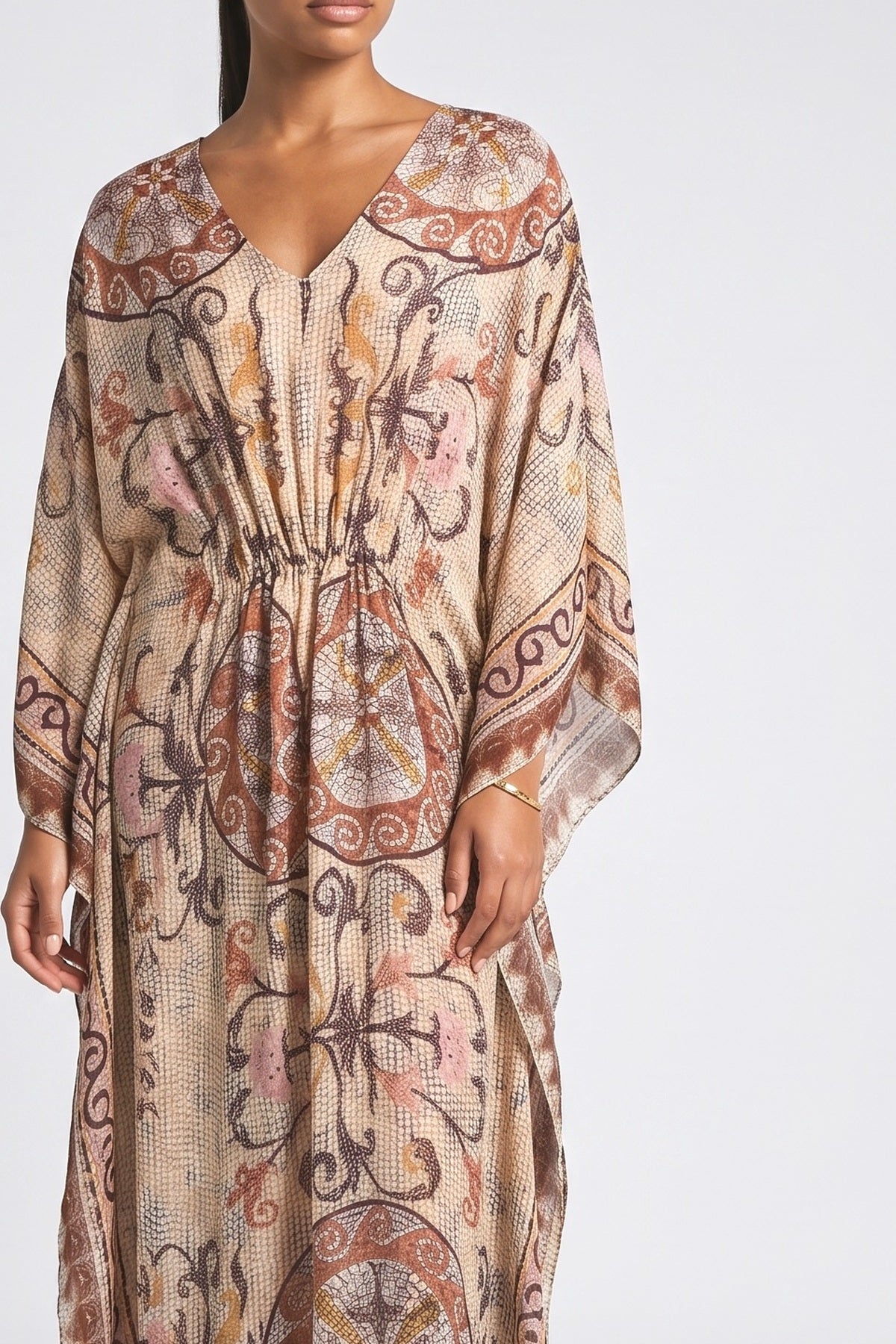 Multicolor Paisley Batwing Sleeve Maxi Dress, fabric detail