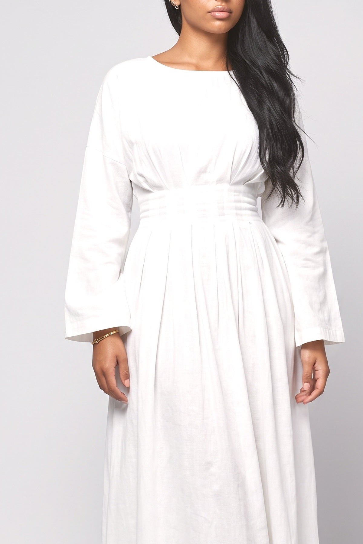 Long Sleeve Pleated Maxi Dress, fabric detail