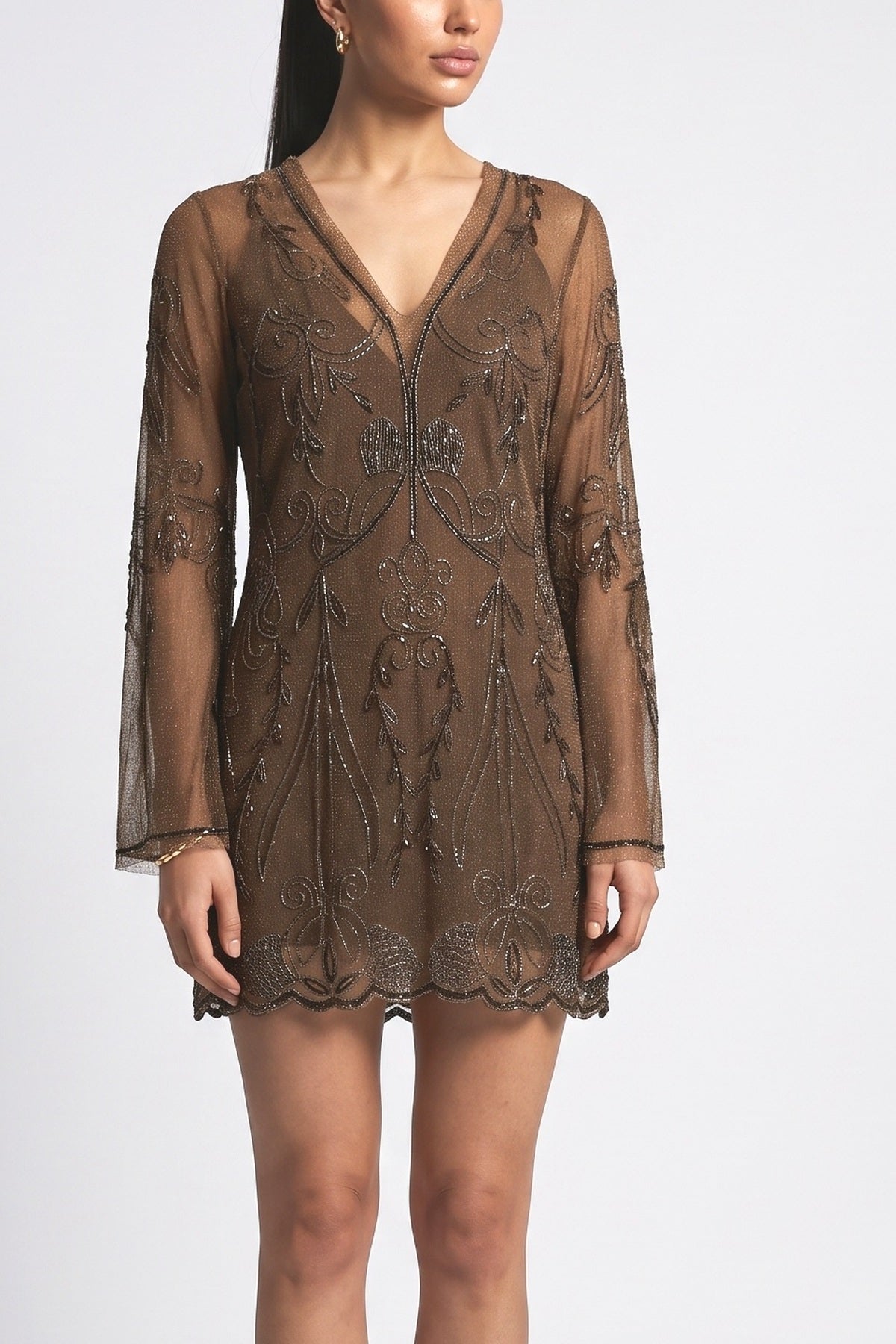 Brown Sequin Mini Dress, fabric detail