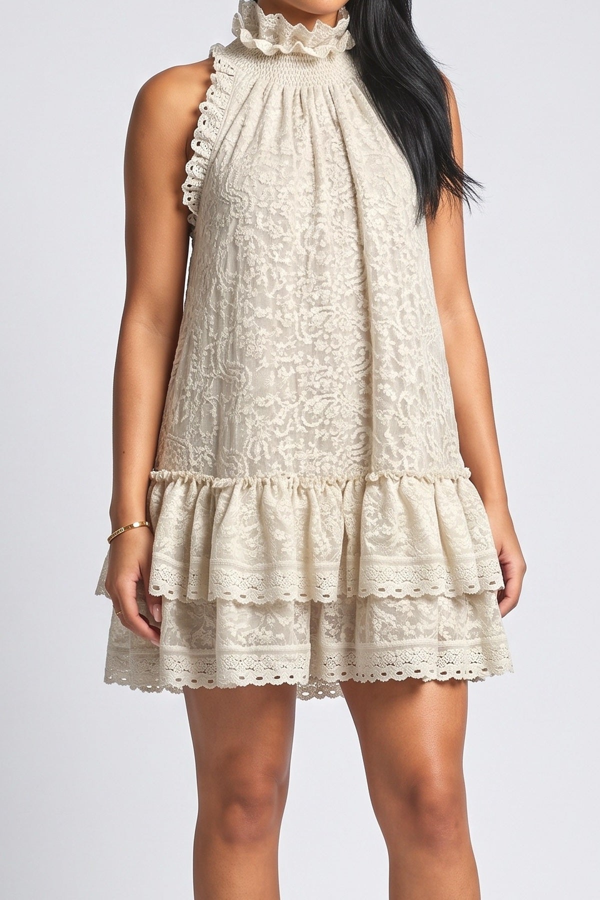 Beige Lace Sleeveless Ruffle Mini Dress, fabric detail