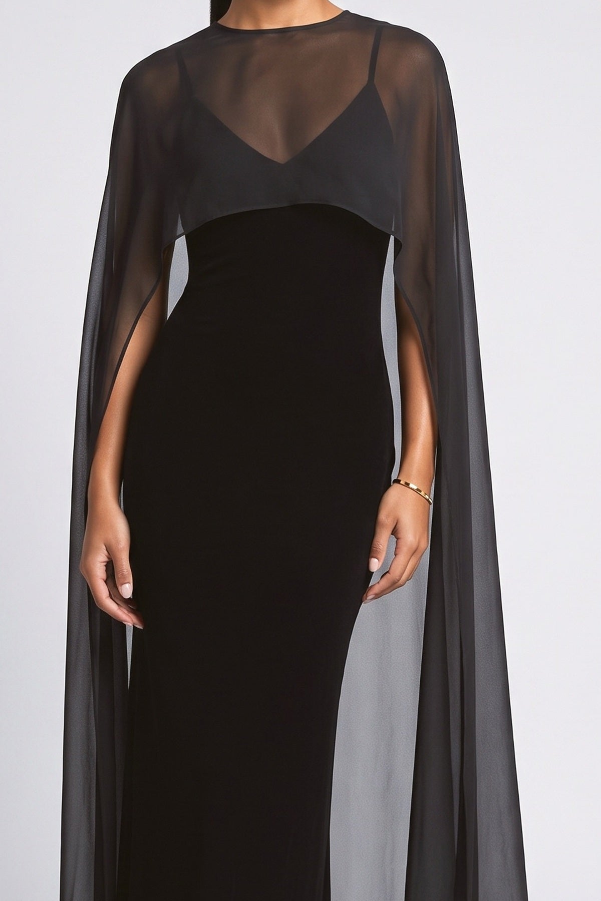 Black Sheer V-Neck Sleeveless Maxi Dress, fabric detail