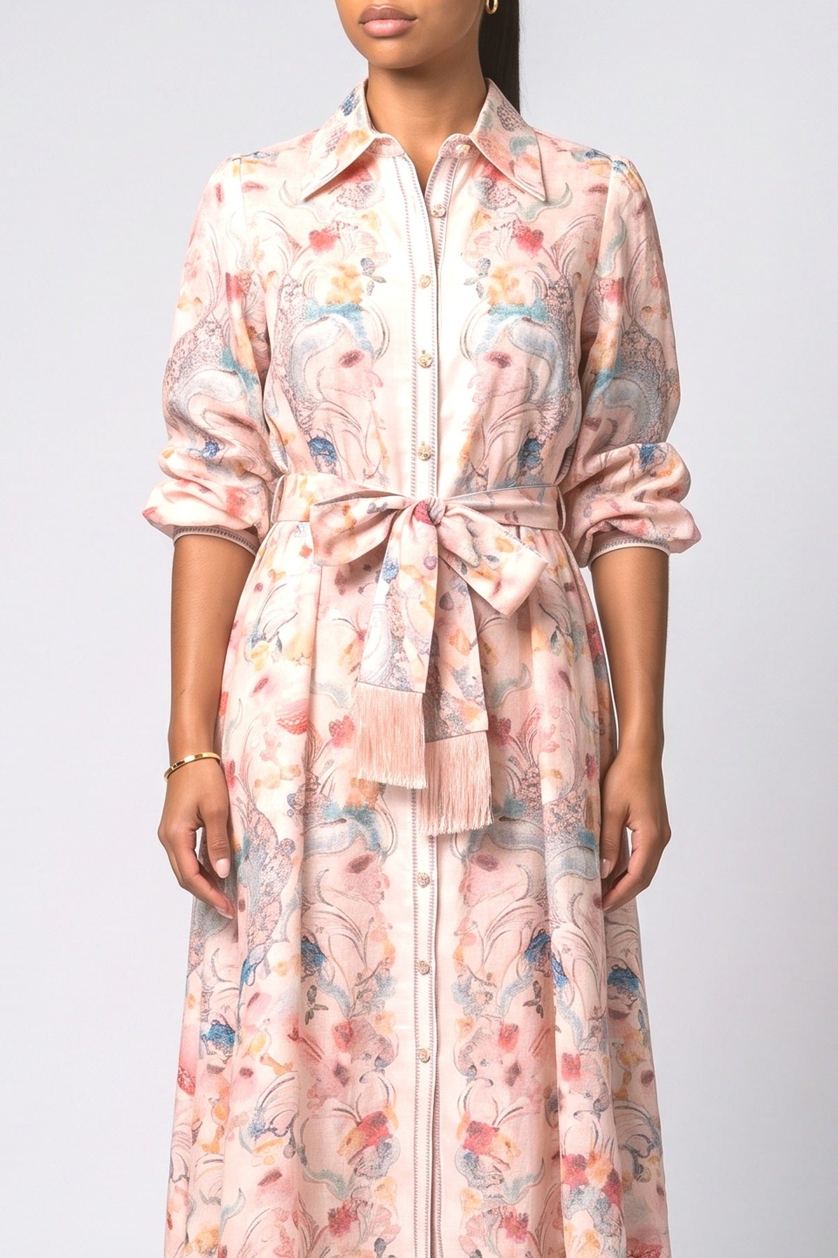 Pastel Print Tie-Front Shirt Maxi Dress, fabric detail