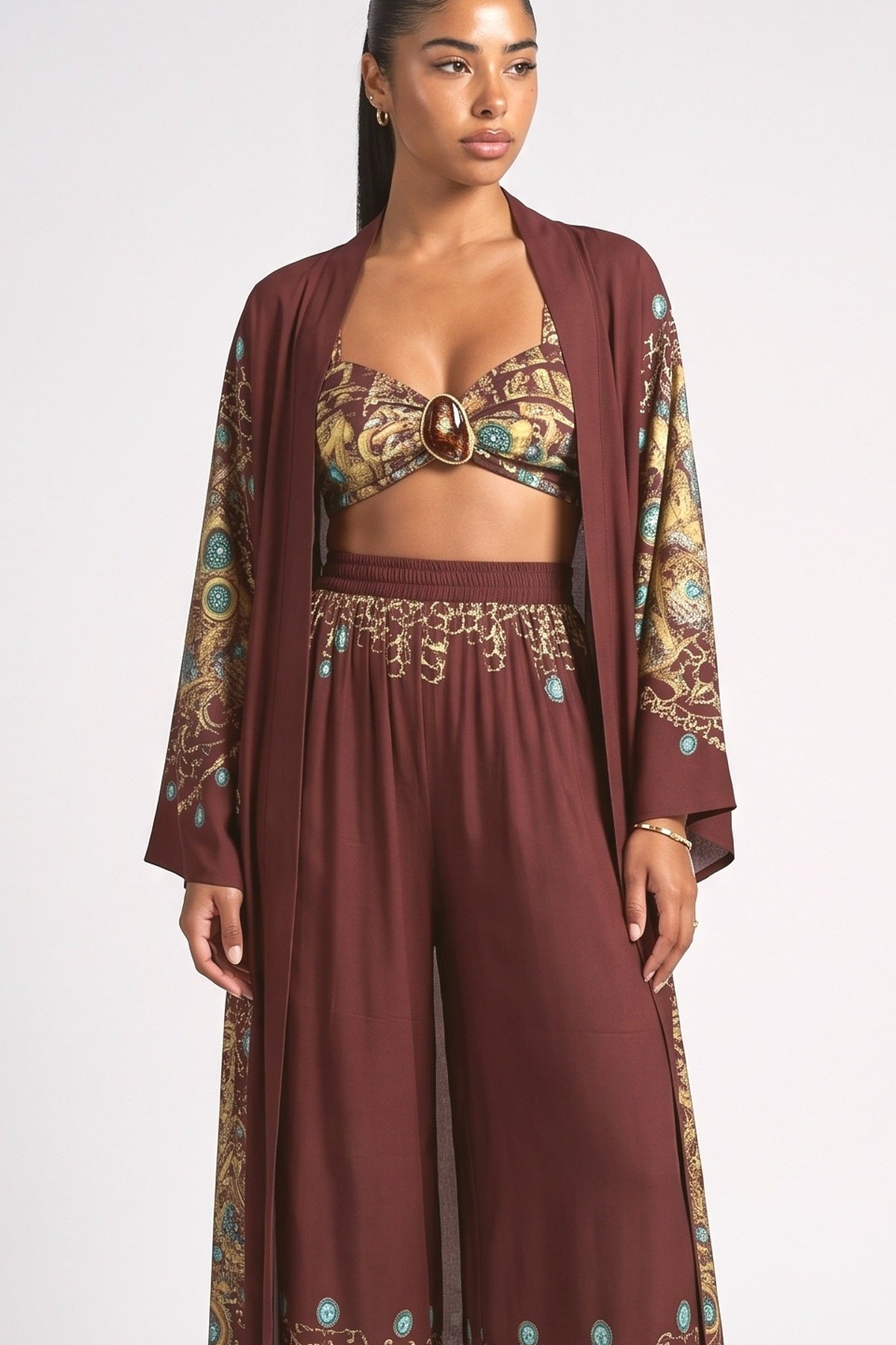 Burgundy Peacock Print 3 Piece Set, fabric detail