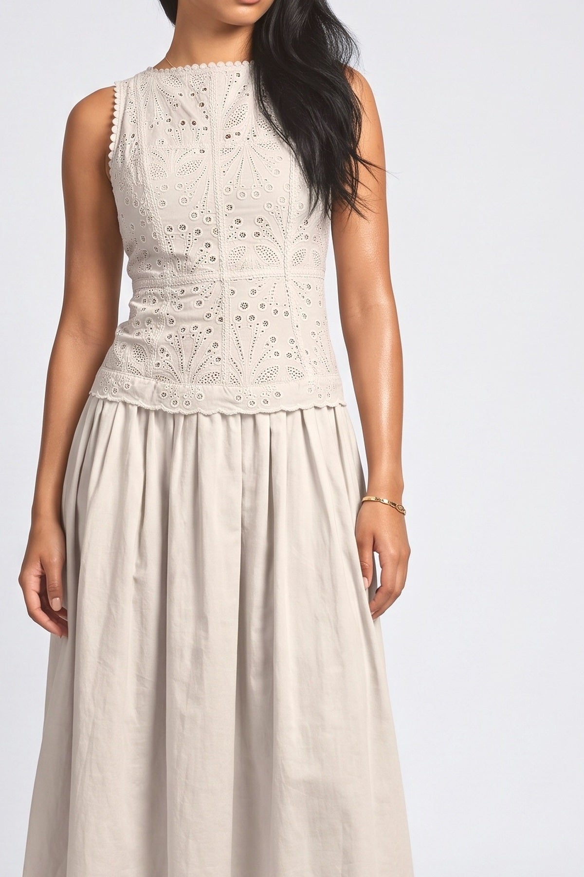 White Lace Sleeveless Midi Dress, fabric detail
