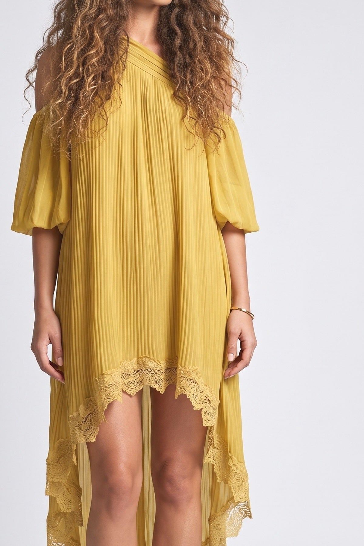 Yellow Asymmetric Midi Dress, fabric detail