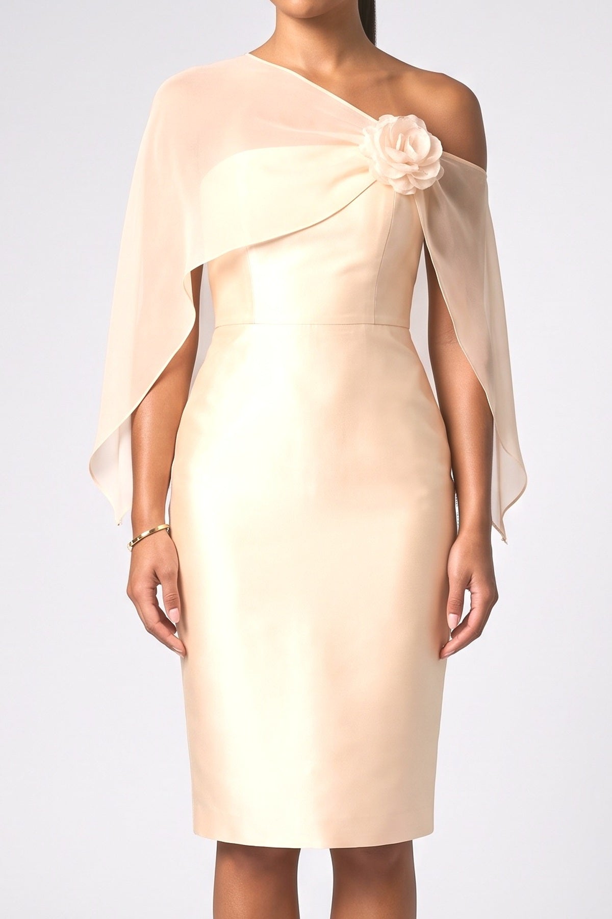 Satin One-Shoulder Asymmetric Midi Dress, fabric detail