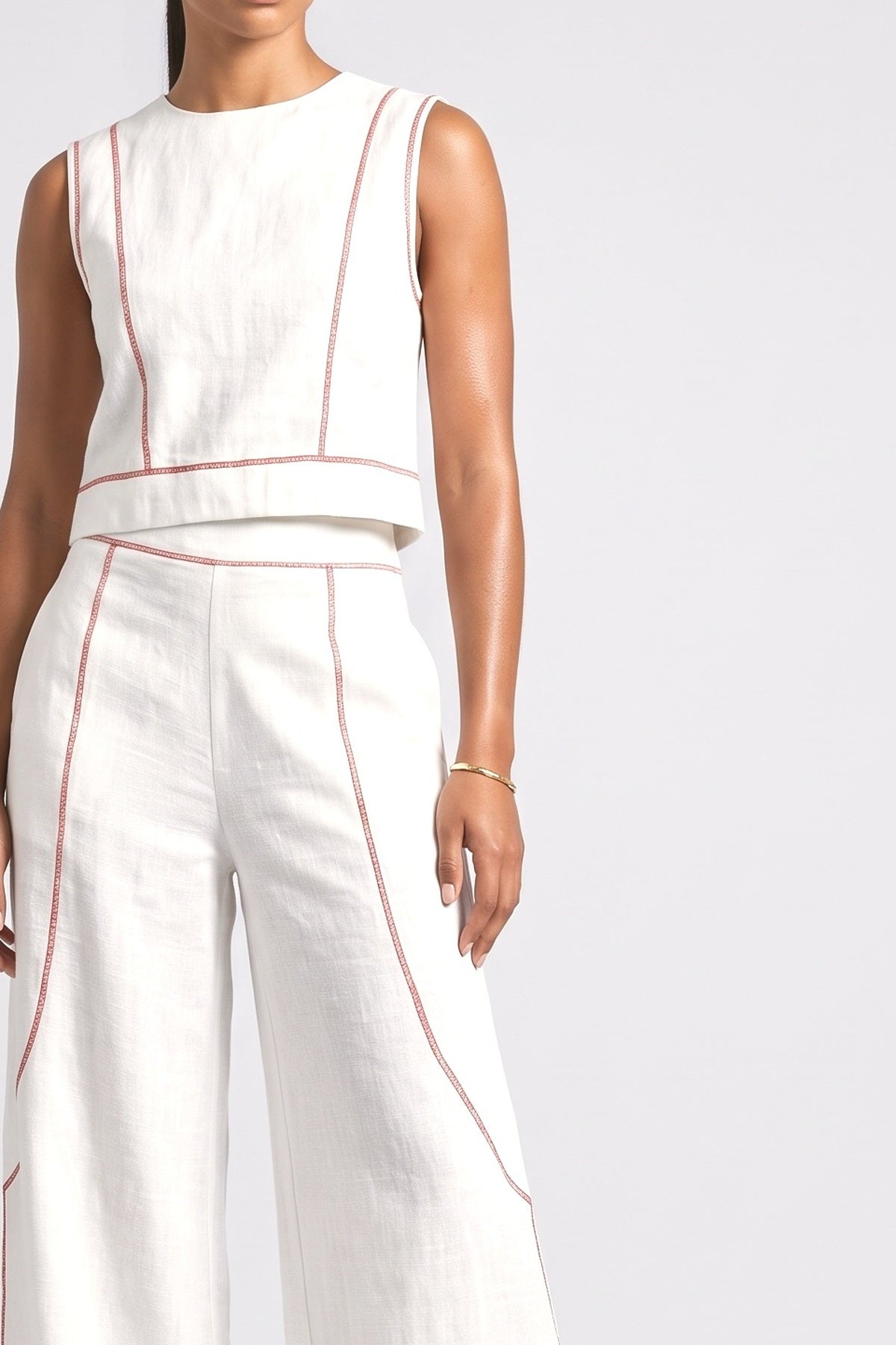 Contrast Stitch Shirt & Wide-Leg Pants Set, fabric detail